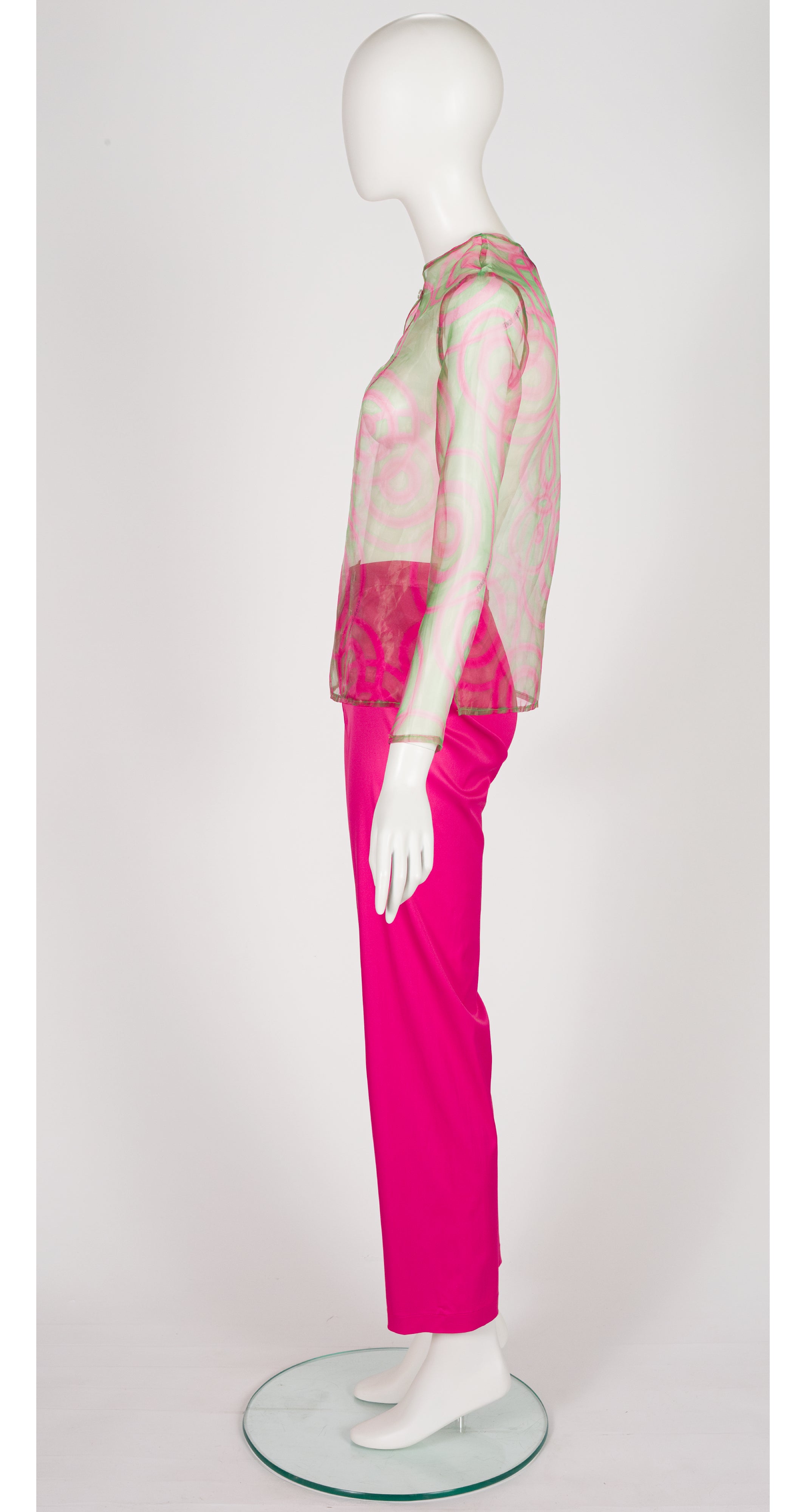 1990s Pink & Green Op Art Organza Top & Pants Set