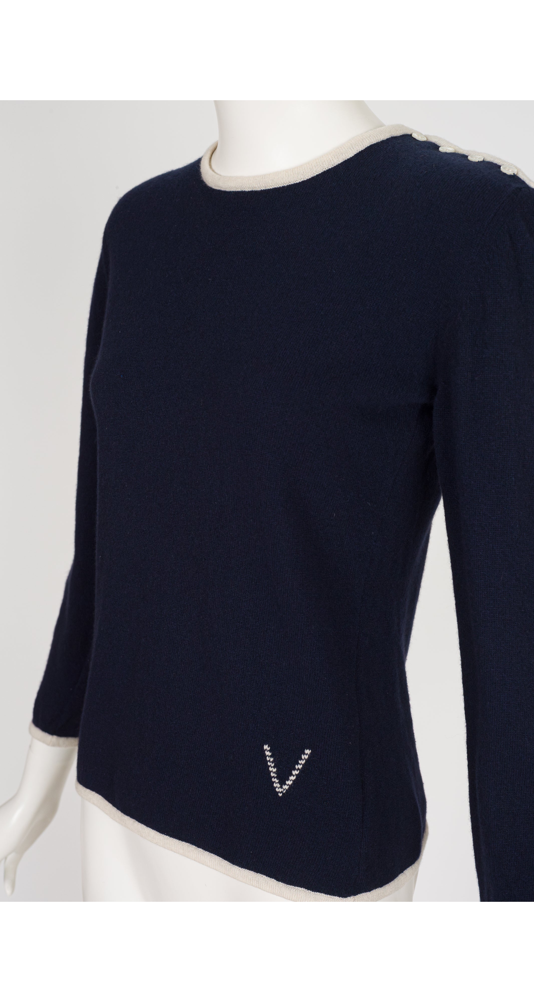 1970s "V" Logo Navy Cashmere Pullover Sweater
