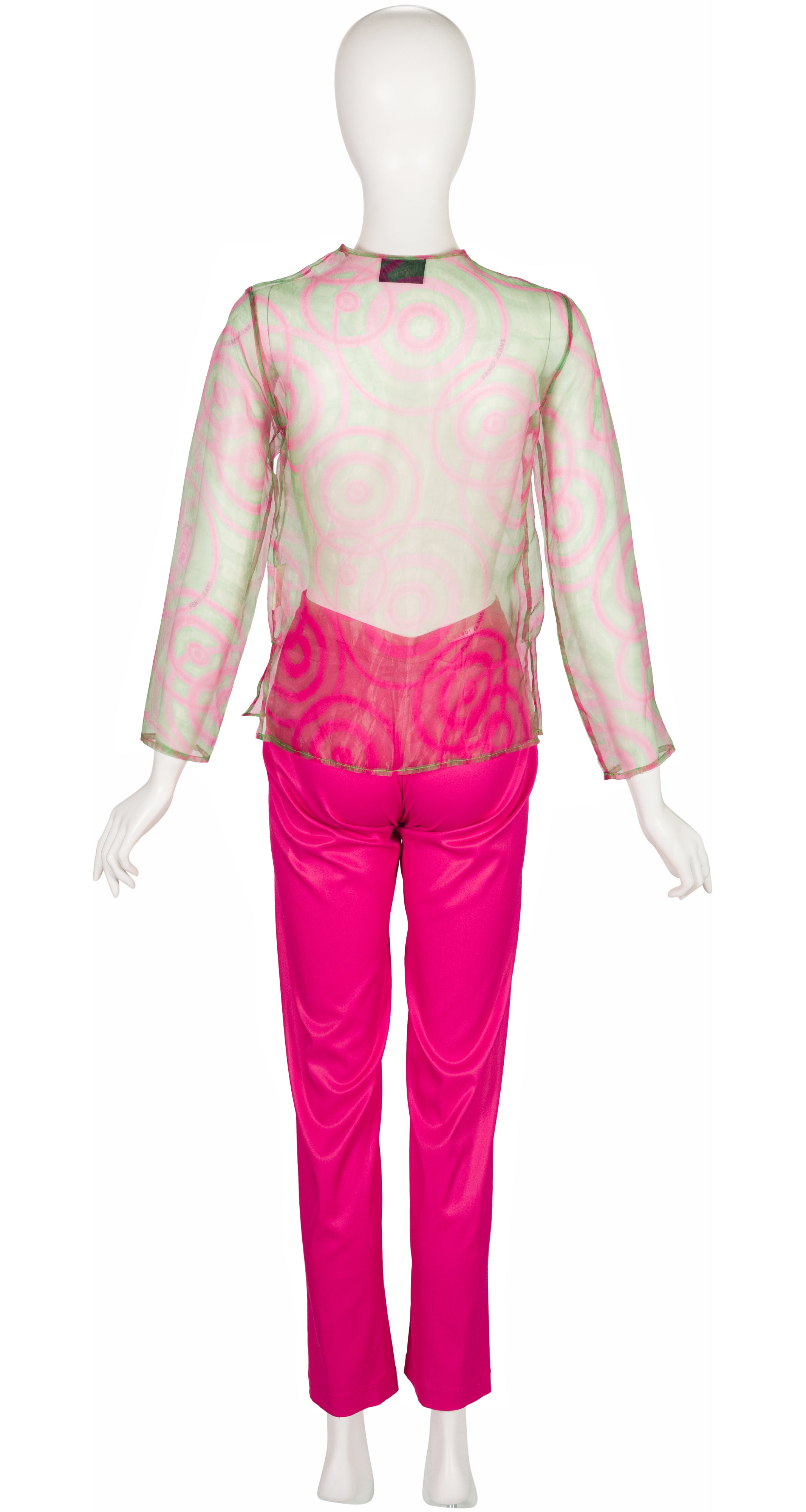 1990s Pink & Green Op Art Organza Top & Pants Set