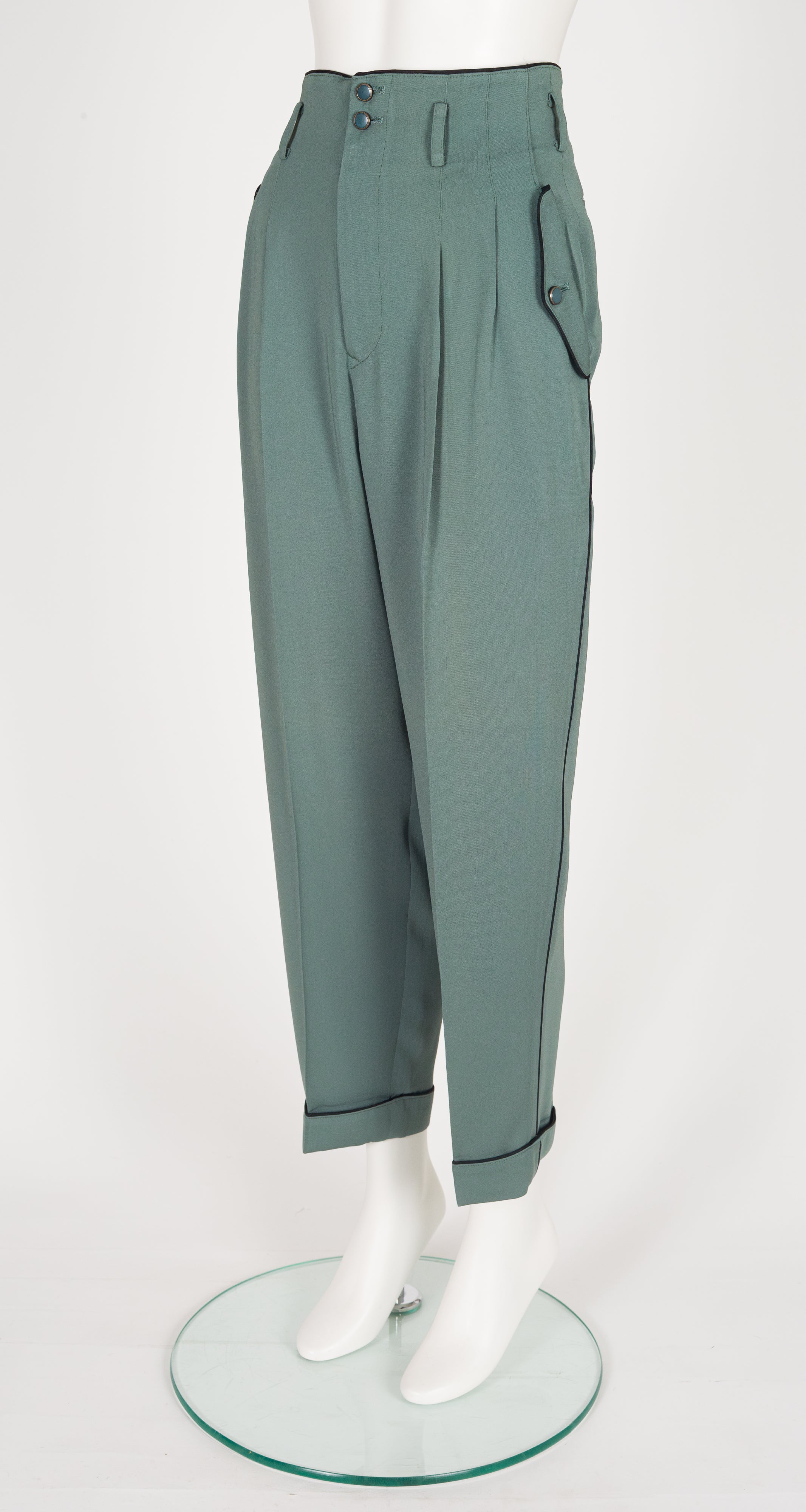 1980s Teal Rayon Tapered High-Waisted Trousers