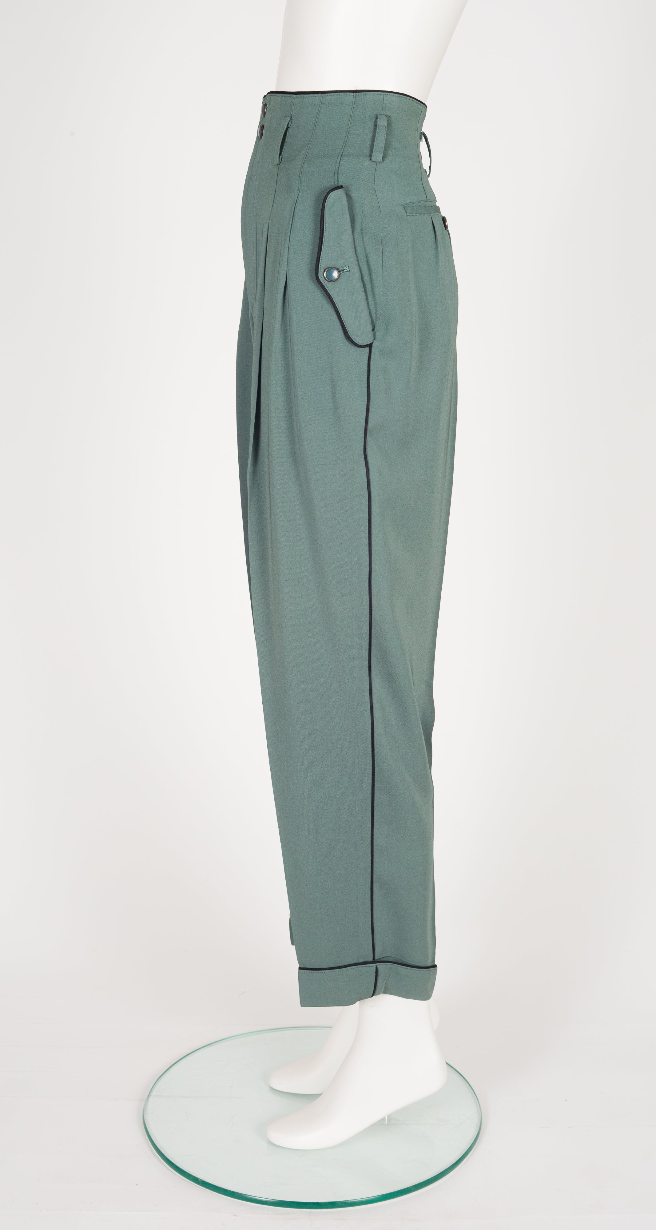 1980s Teal Rayon Tapered High-Waisted Trousers