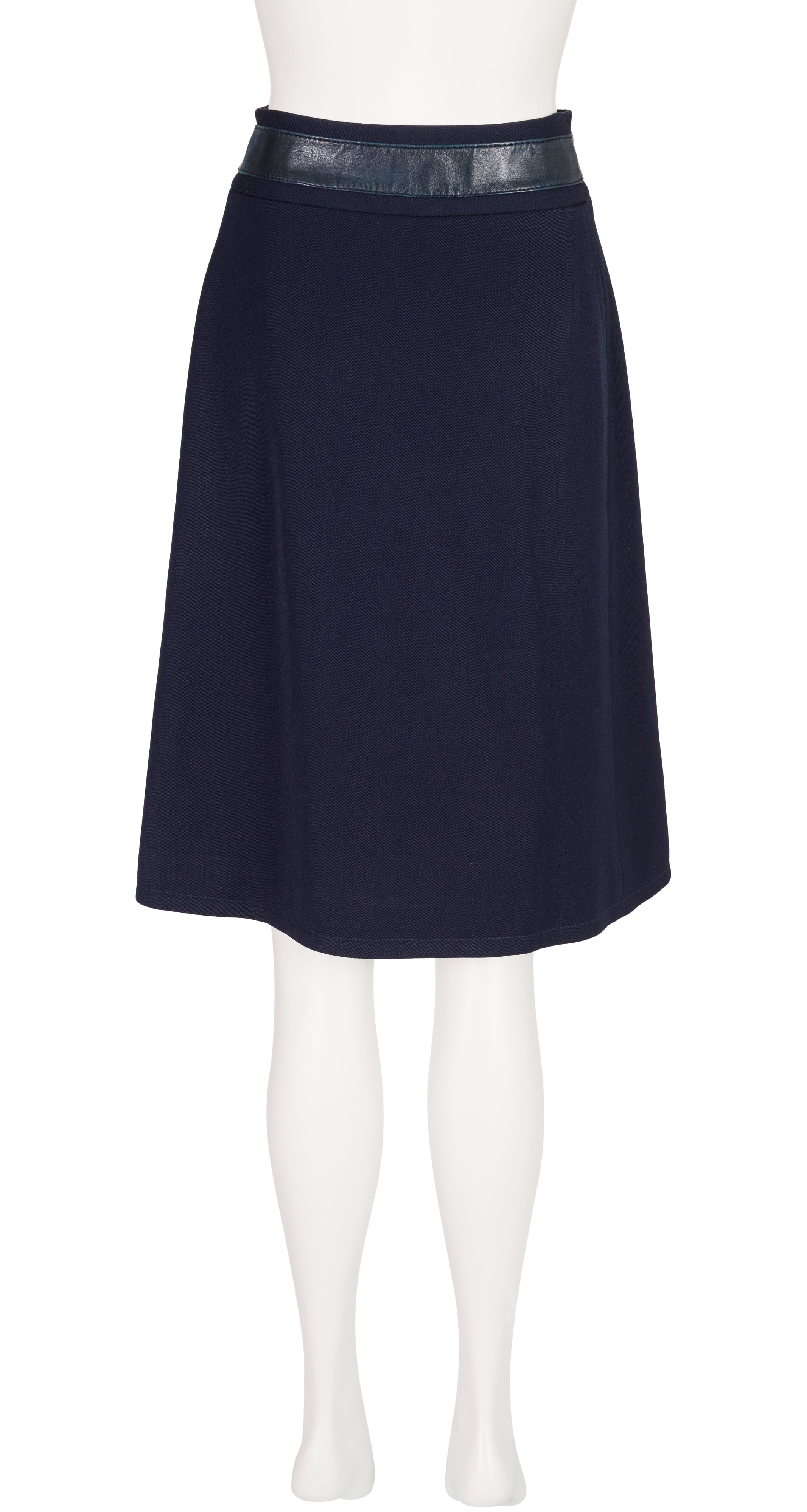 1970s Navy Wool Gabardine Studded Buckle Wrap Skirt