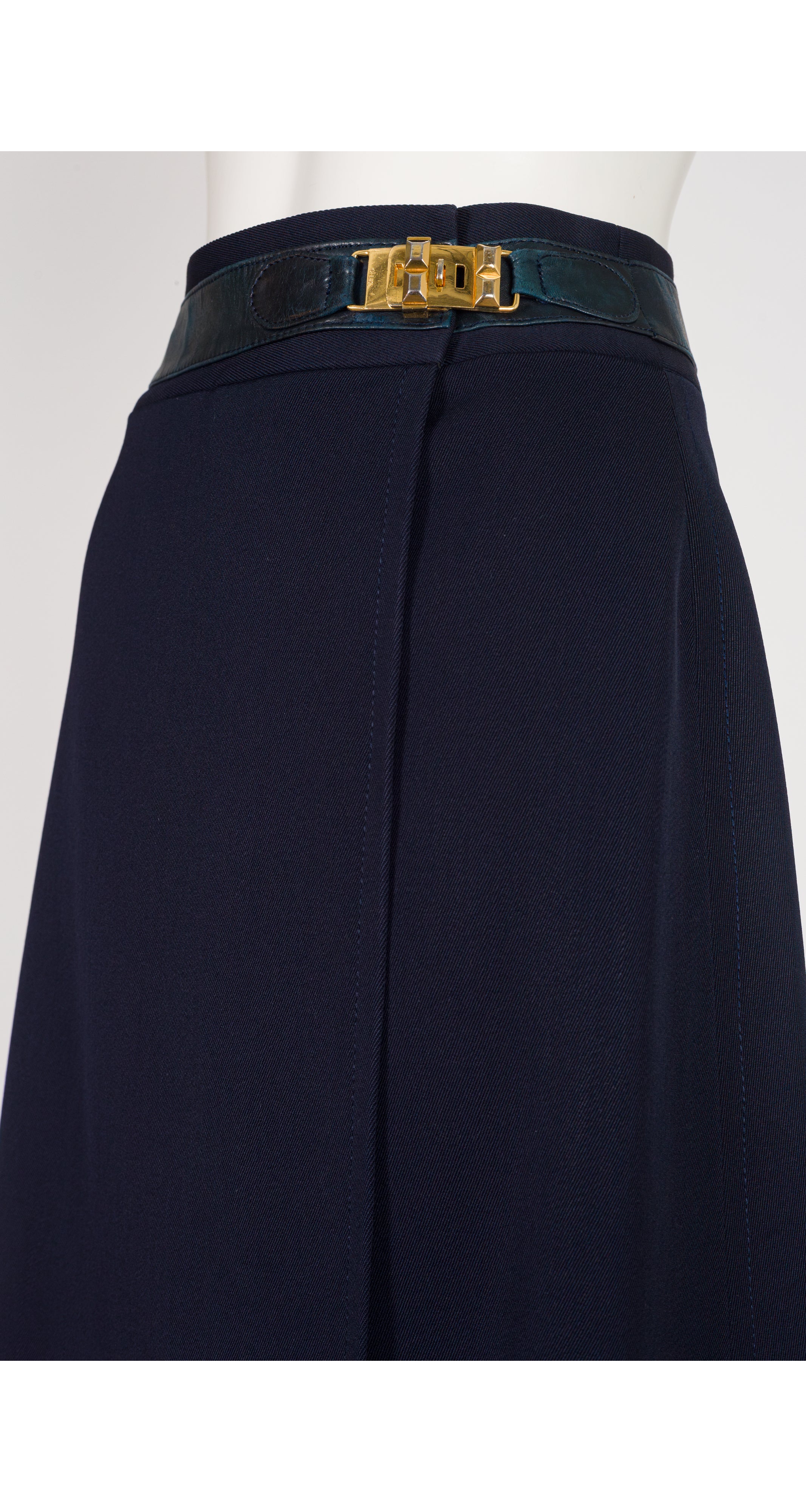 1970s Navy Wool Gabardine Studded Buckle Wrap Skirt