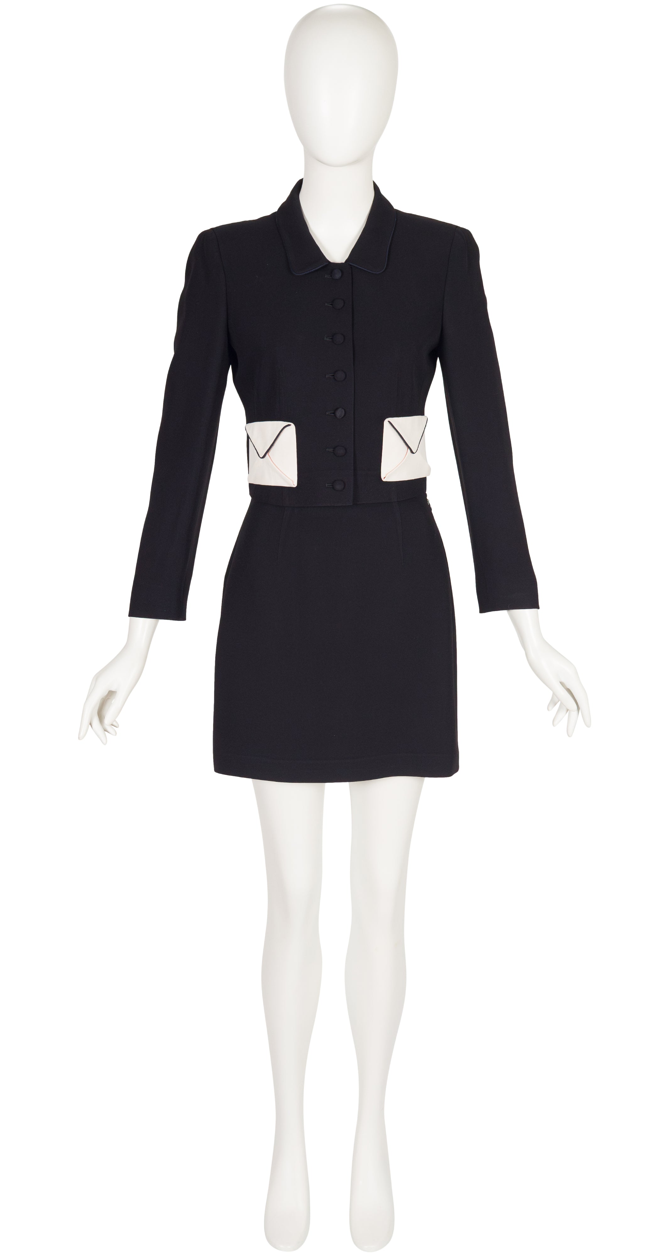 1990s Envelope Pocket Black Crepe Mini Skirt Suit