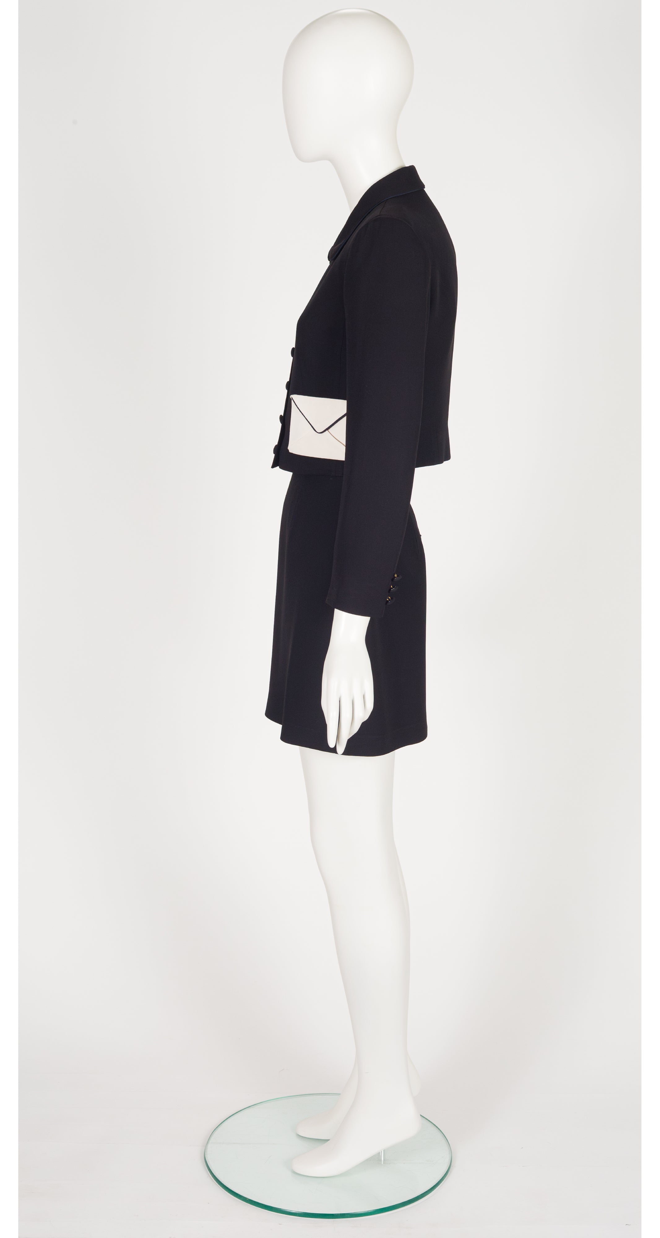 1990s Envelope Pocket Black Crepe Mini Skirt Suit