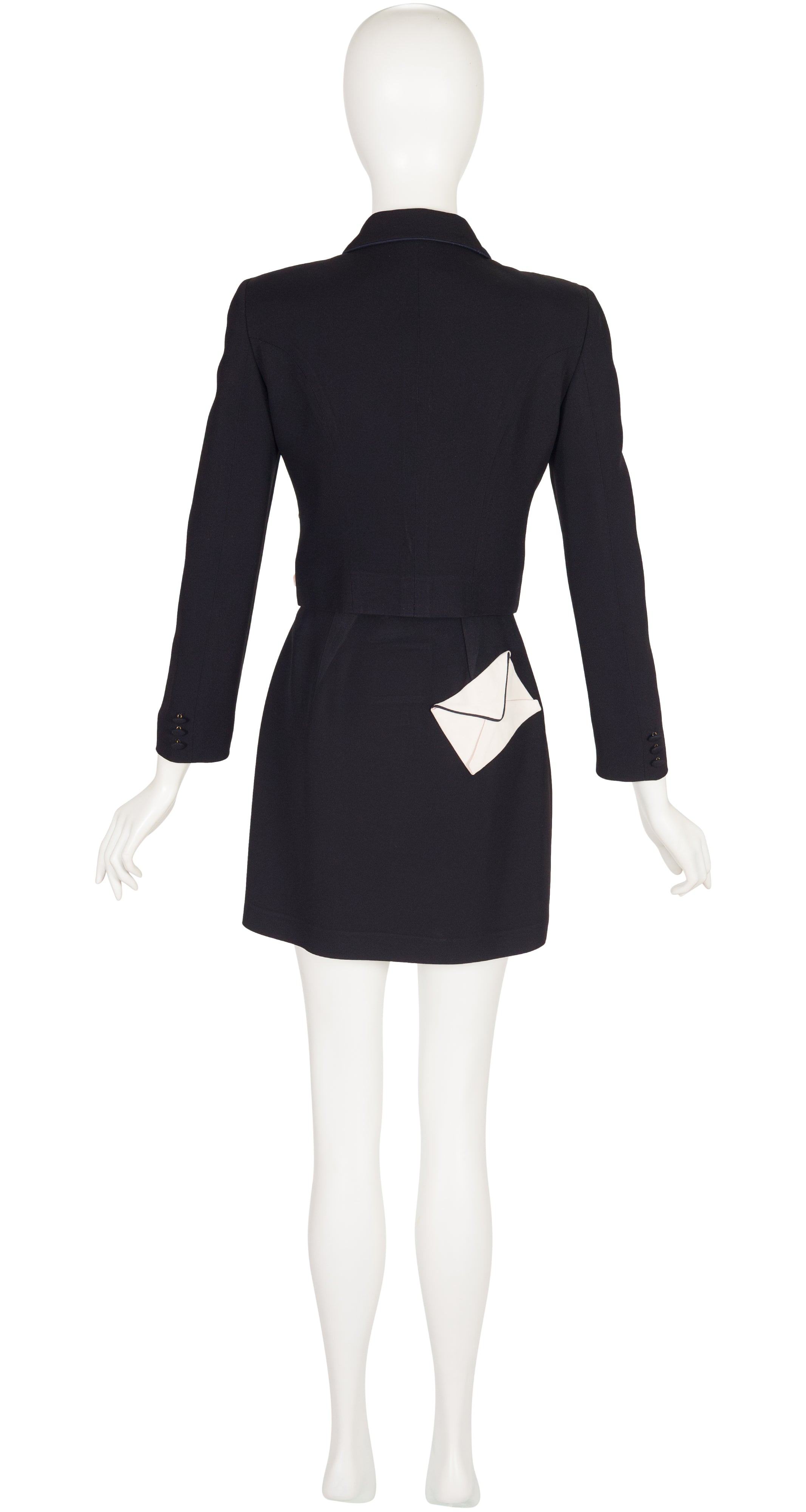 1990s Envelope Pocket Black Crepe Mini Skirt Suit