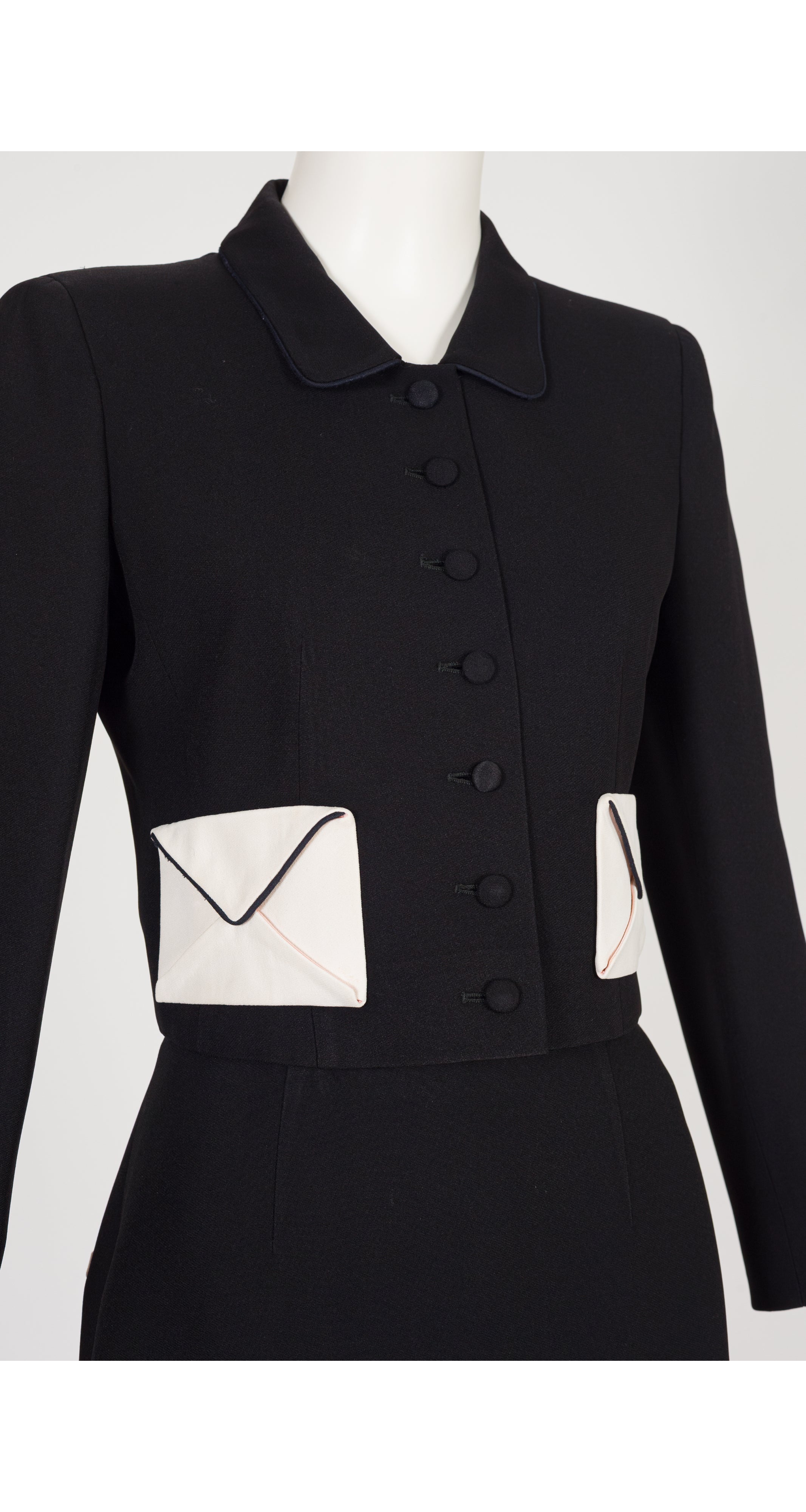 1990s Envelope Pocket Black Crepe Mini Skirt Suit