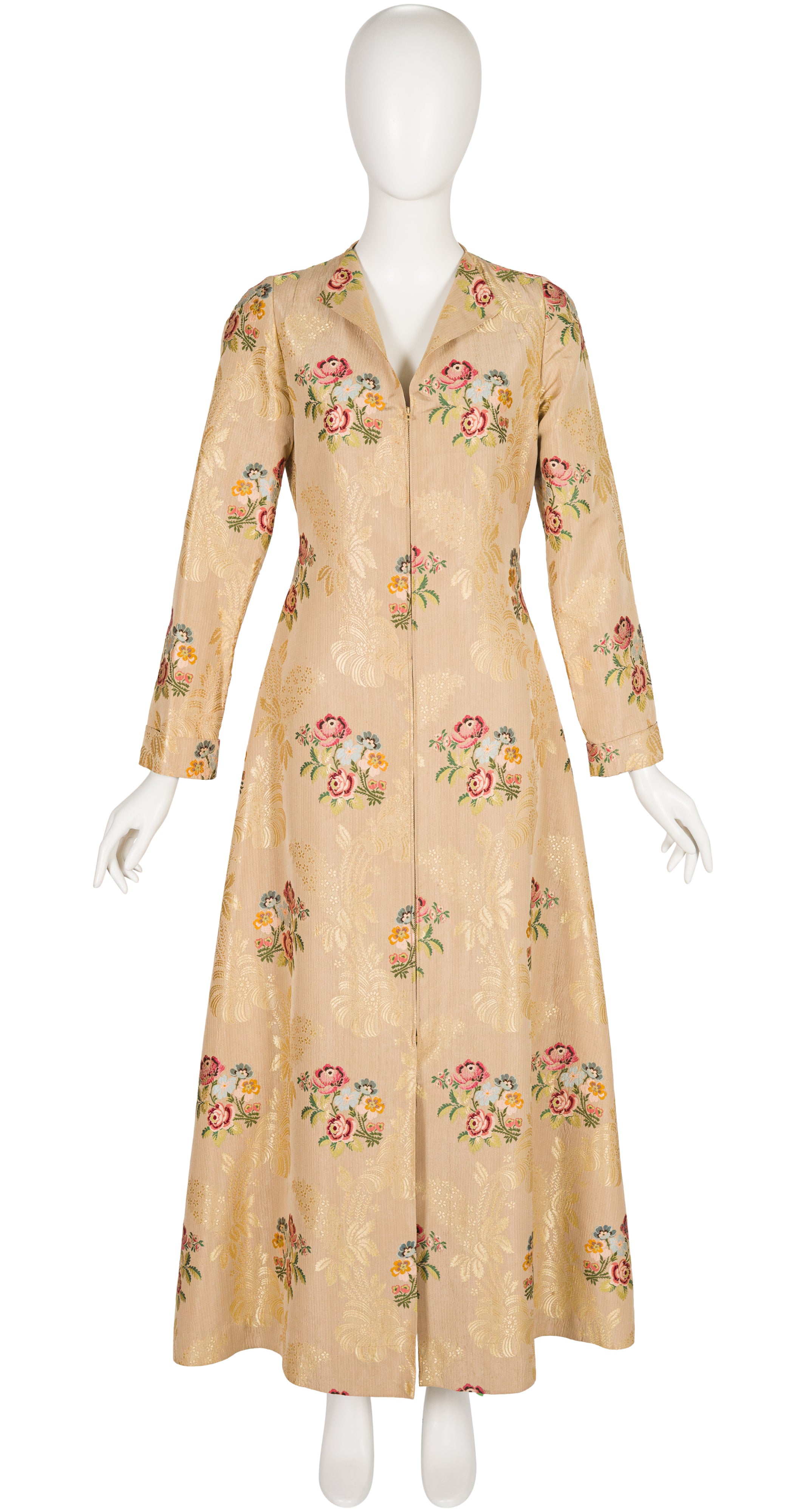 1940s Floral Gold Silk Brocade Floor Length Evening Coat
