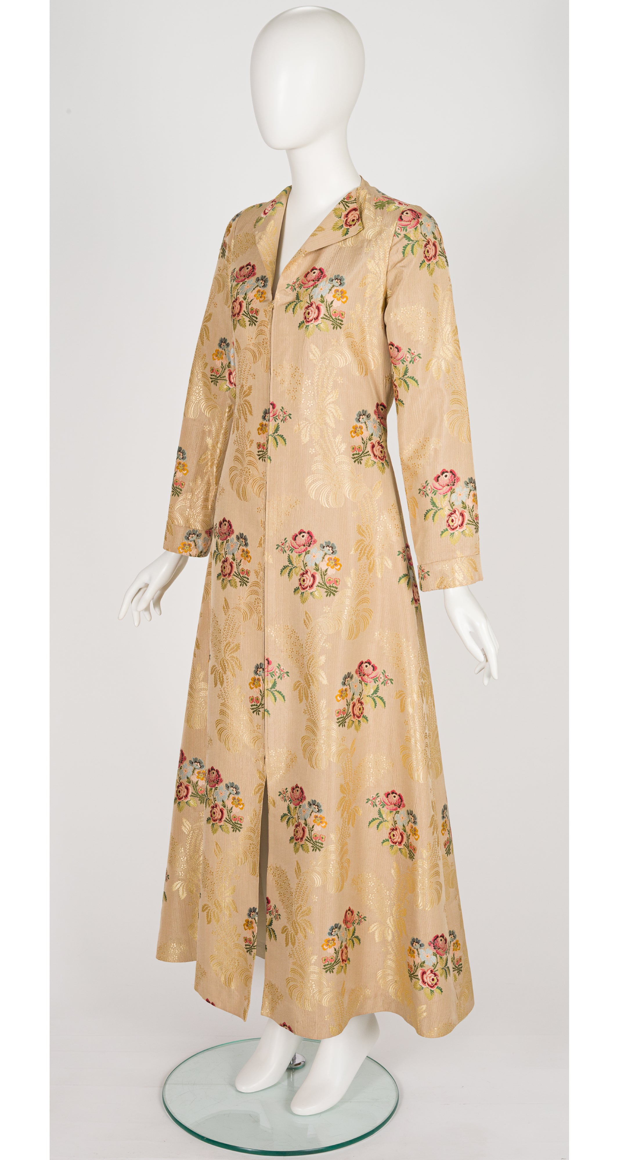 1940s Floral Gold Silk Brocade Floor Length Evening Coat