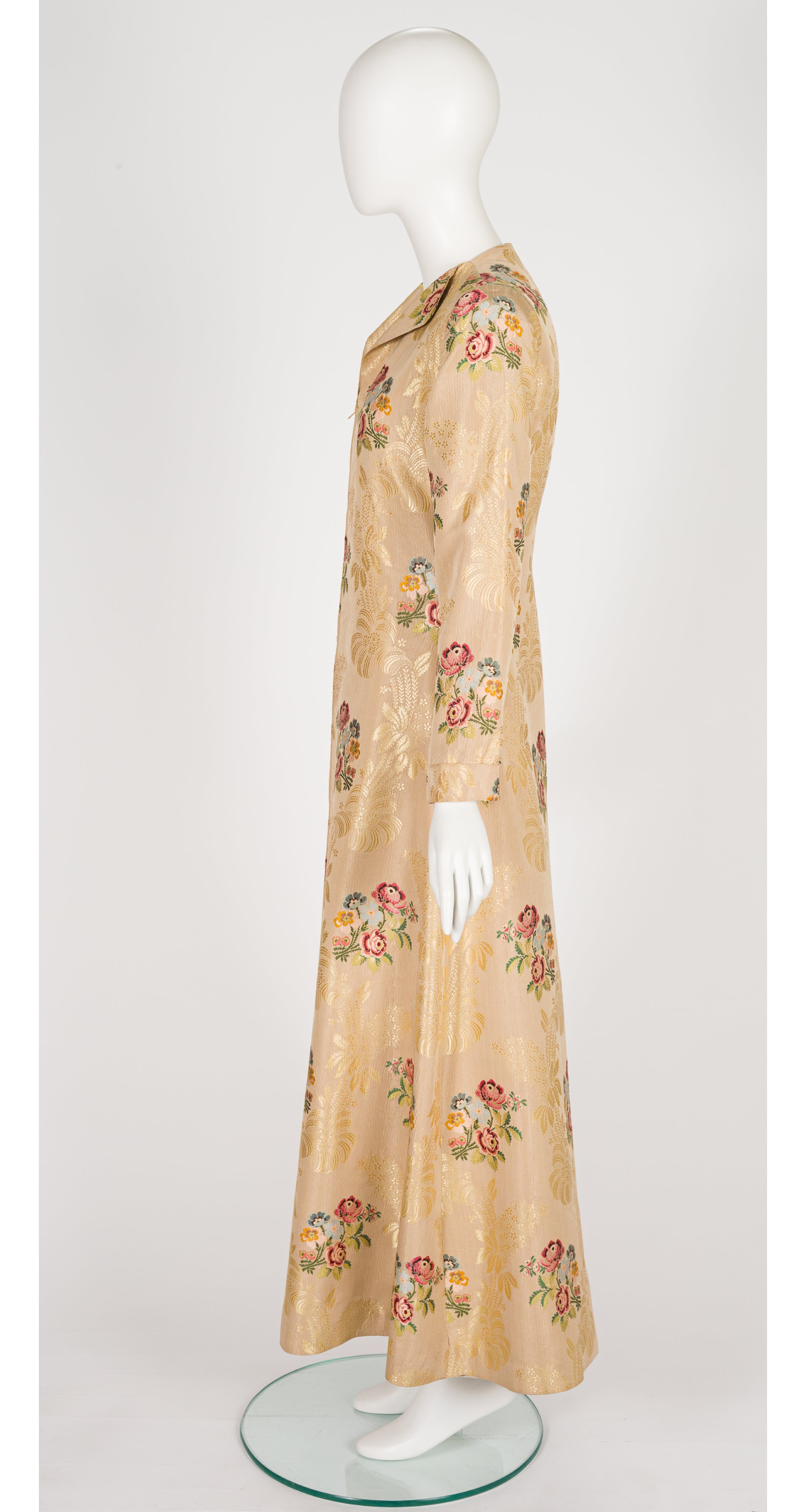 1940s Floral Gold Silk Brocade Floor Length Evening Coat