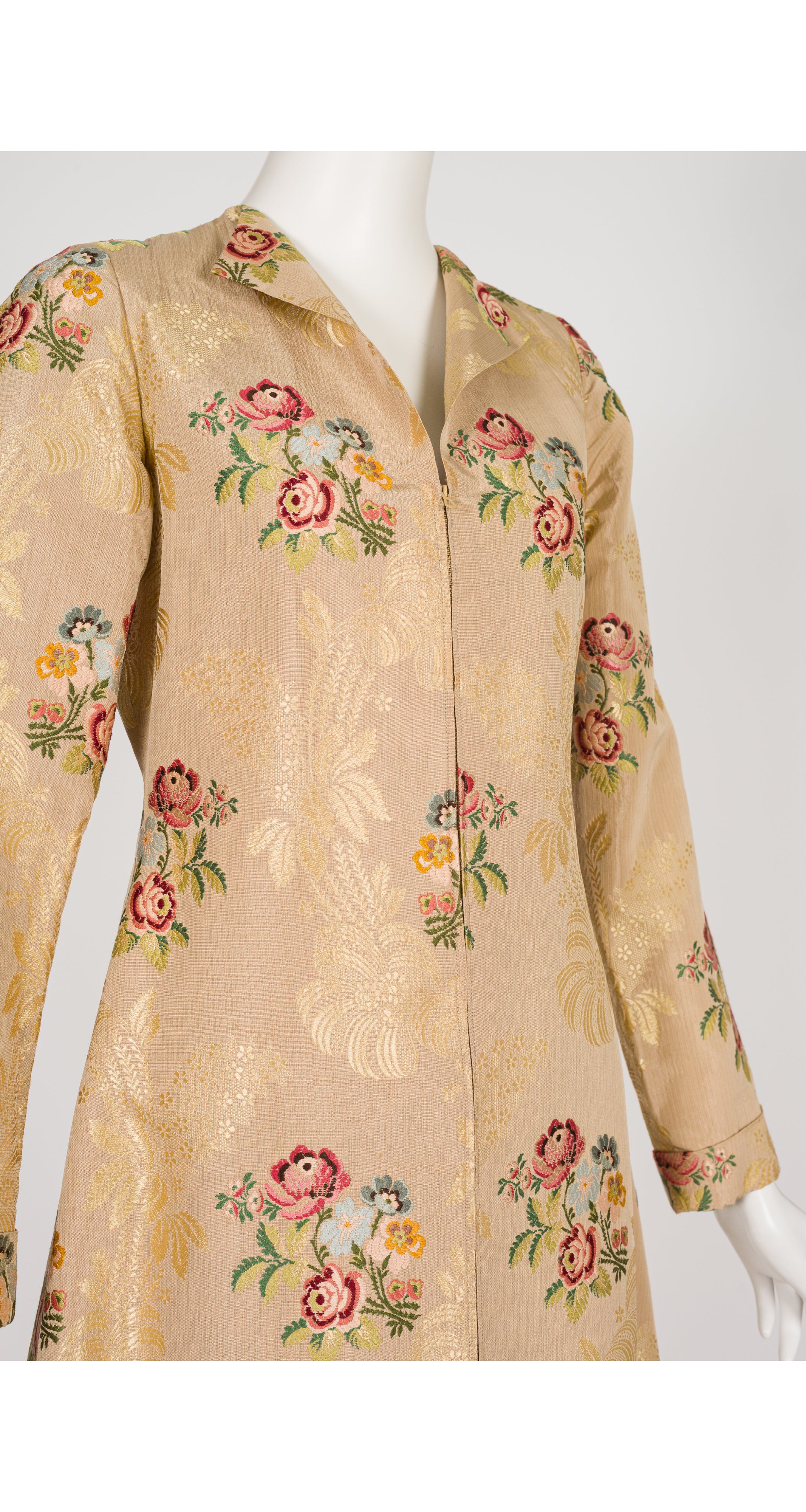 1940s Floral Gold Silk Brocade Floor Length Evening Coat
