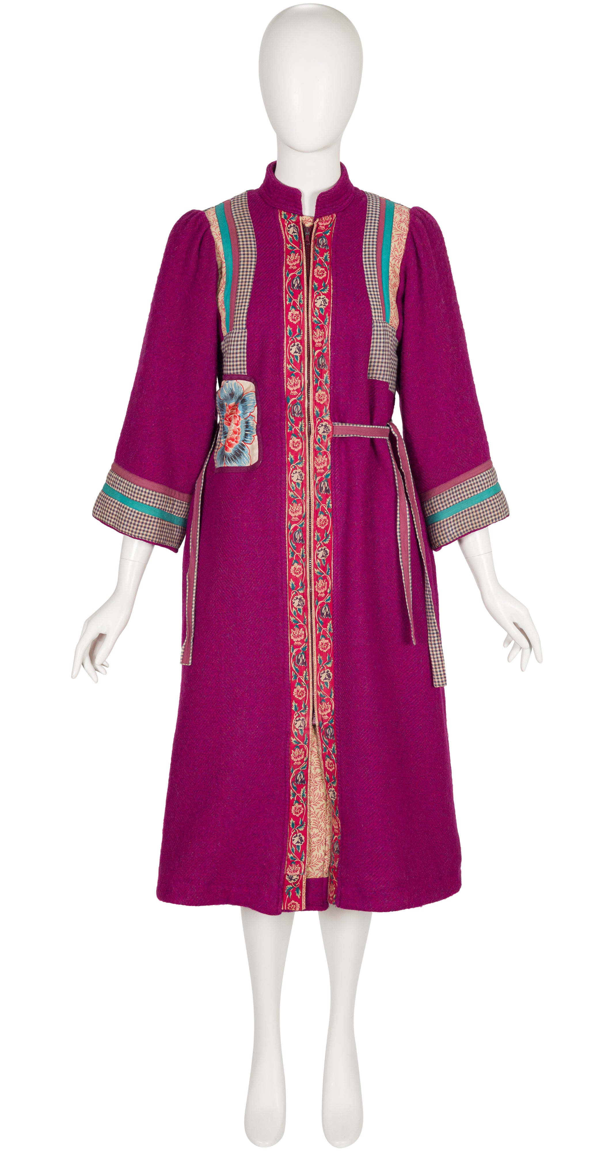 1980s Floral Patchwork Magenta Wool Tie Coat