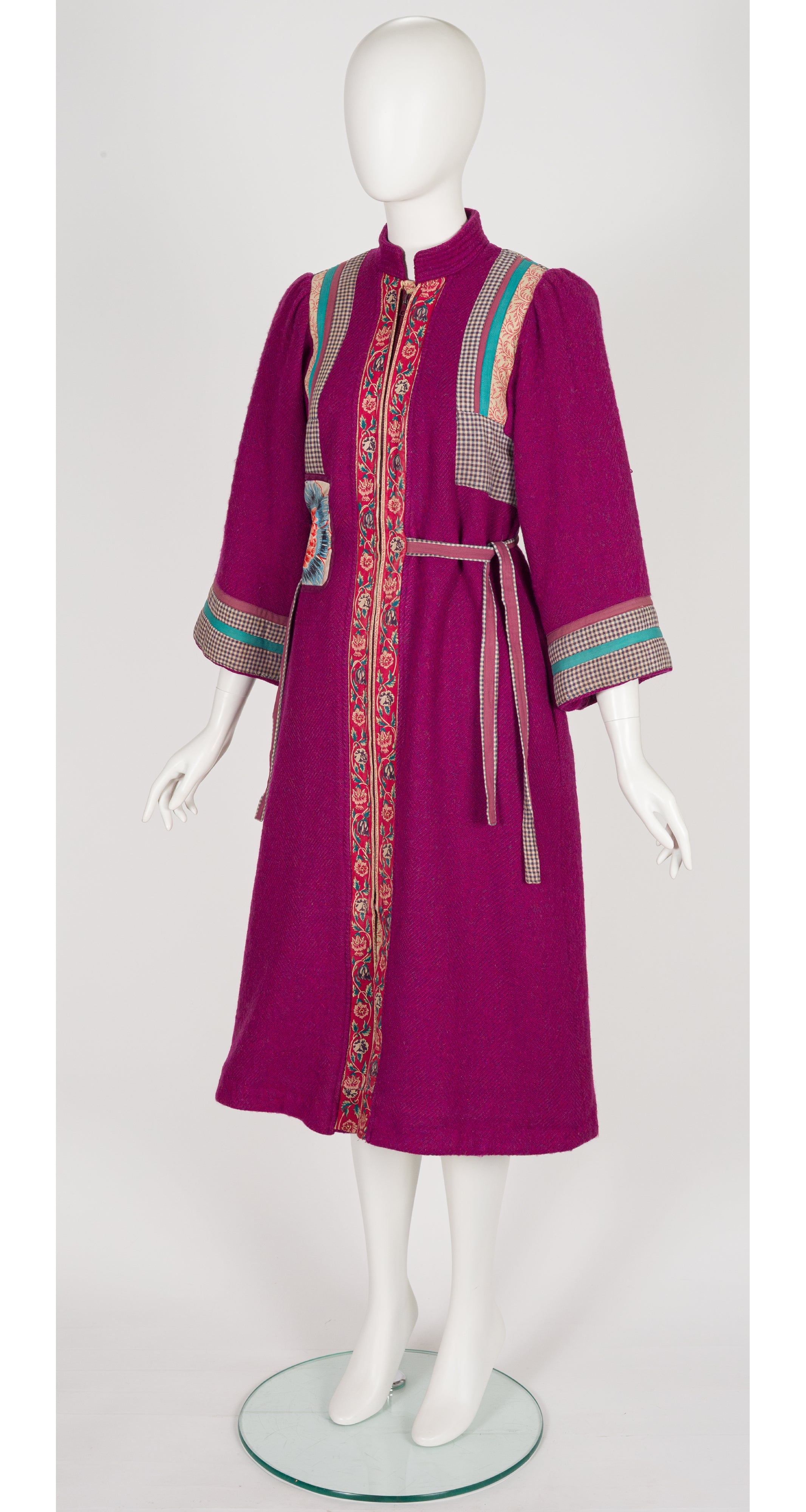 1980s Floral Patchwork Magenta Wool Tie Coat