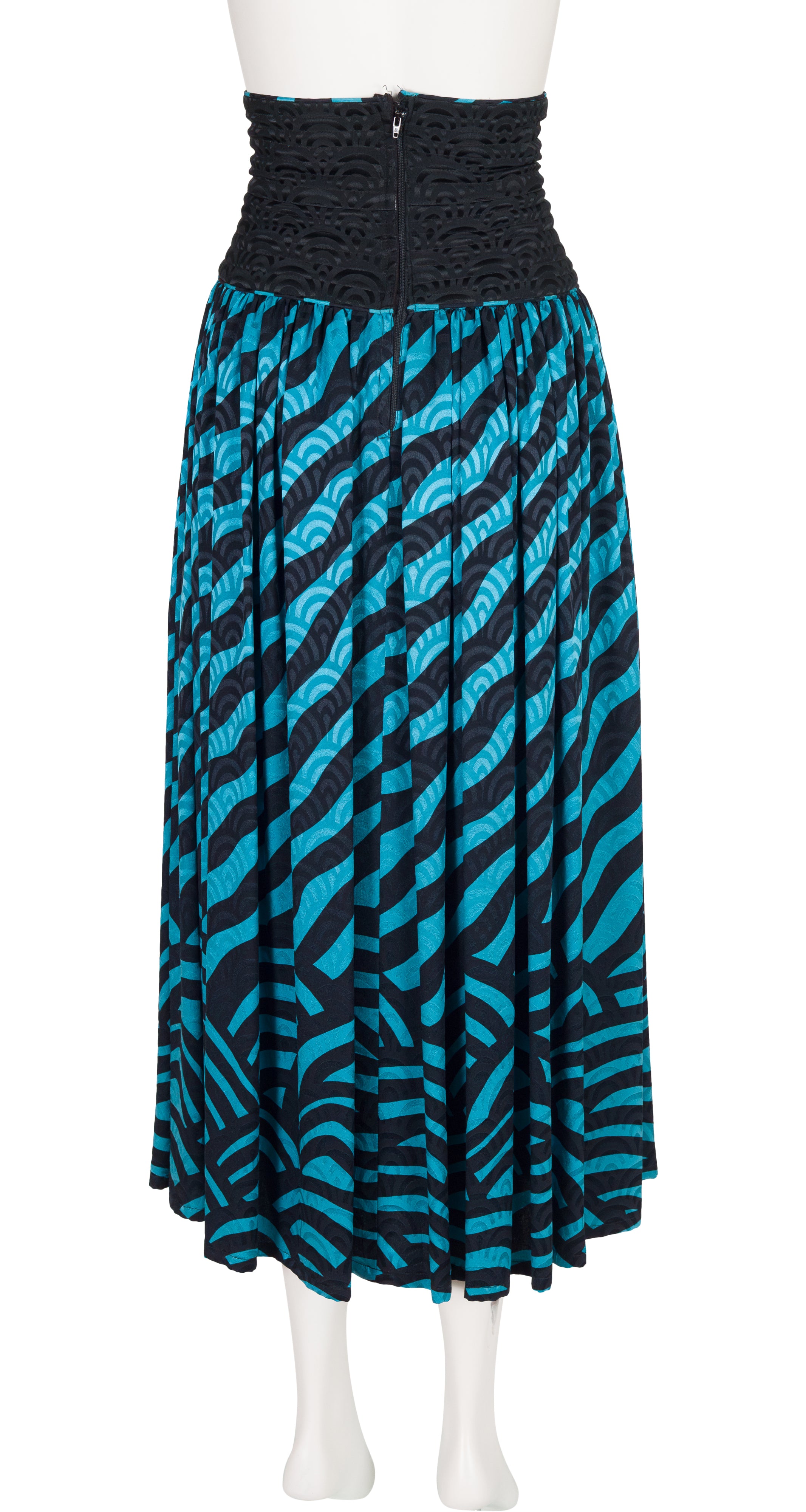 1980s Turquoise & Black Silk Jacquard Cummerbund Skirt