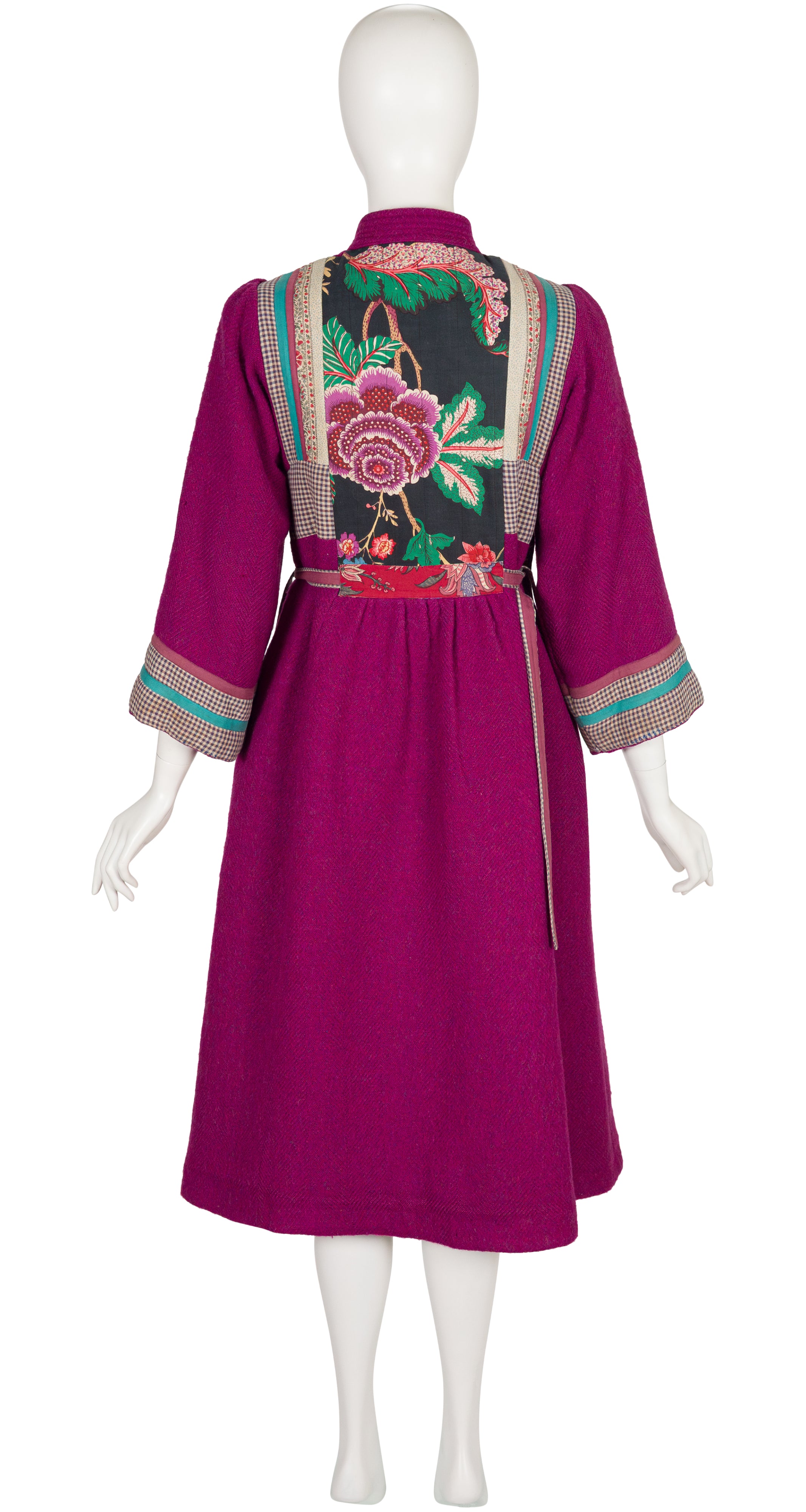 1980s Floral Patchwork Magenta Wool Tie Coat