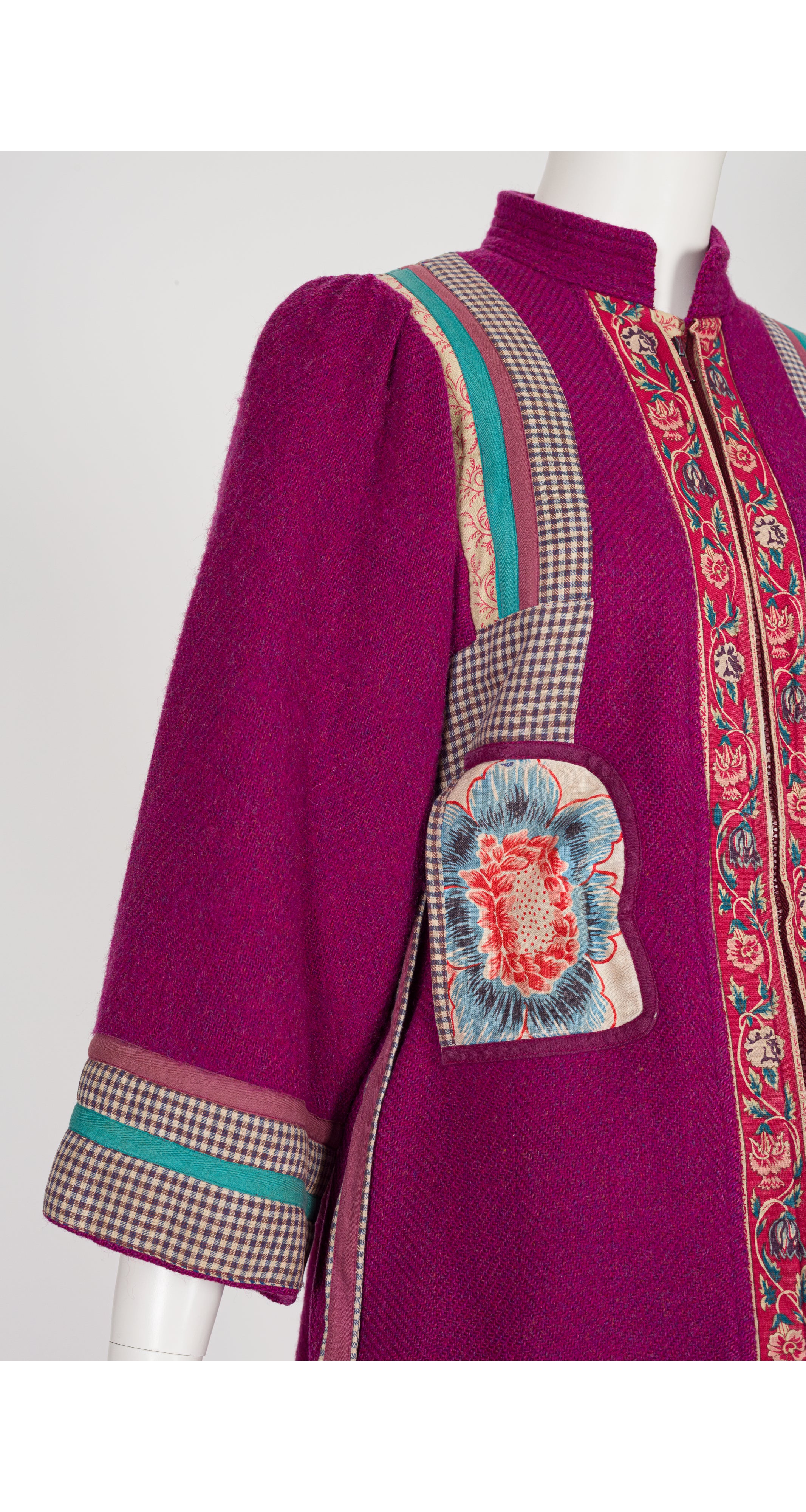 1980s Floral Patchwork Magenta Wool Tie Coat