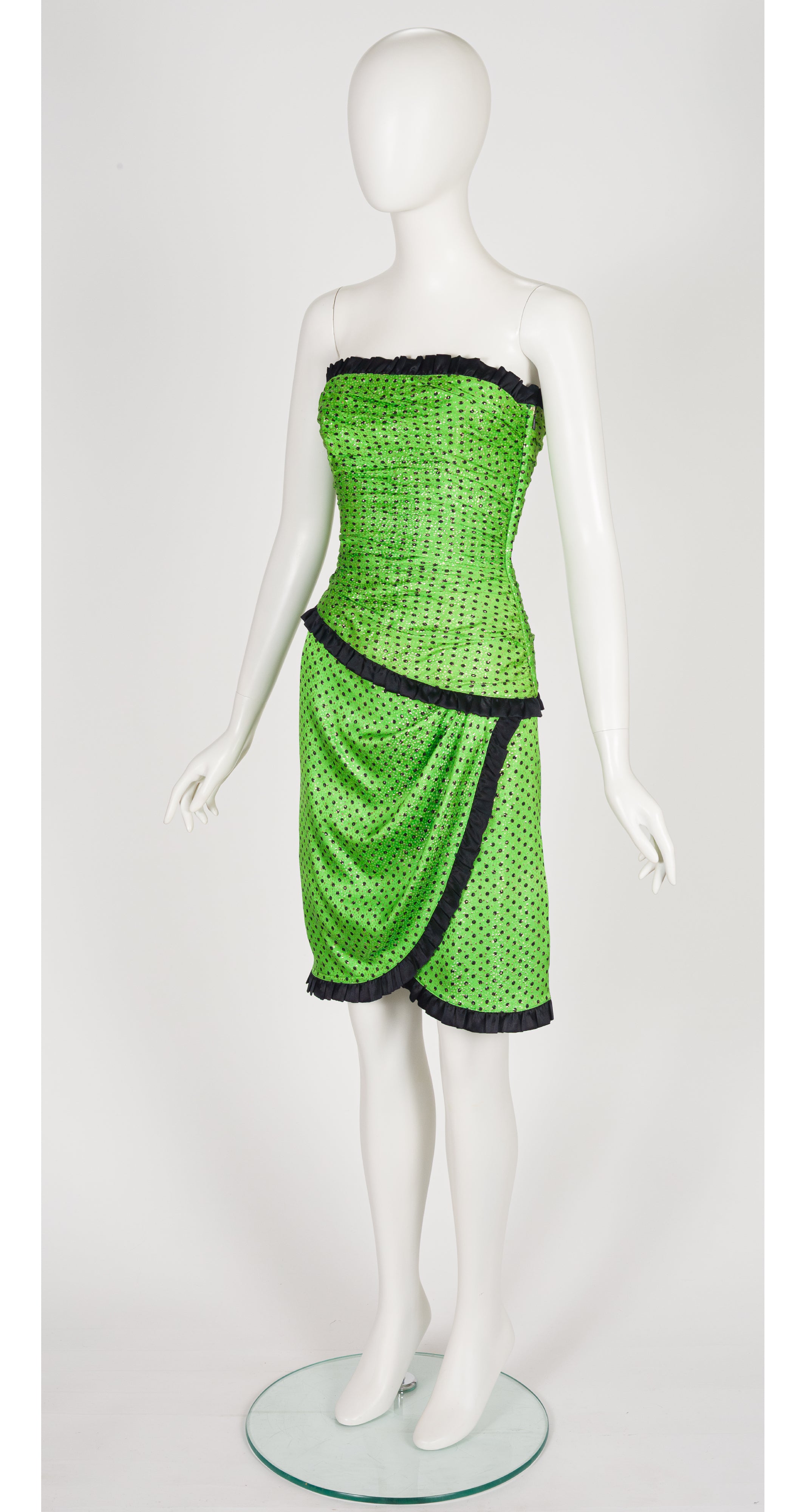 1989 F/W Polka Dot Lurex Green Silk Bustier Cocktail Dress