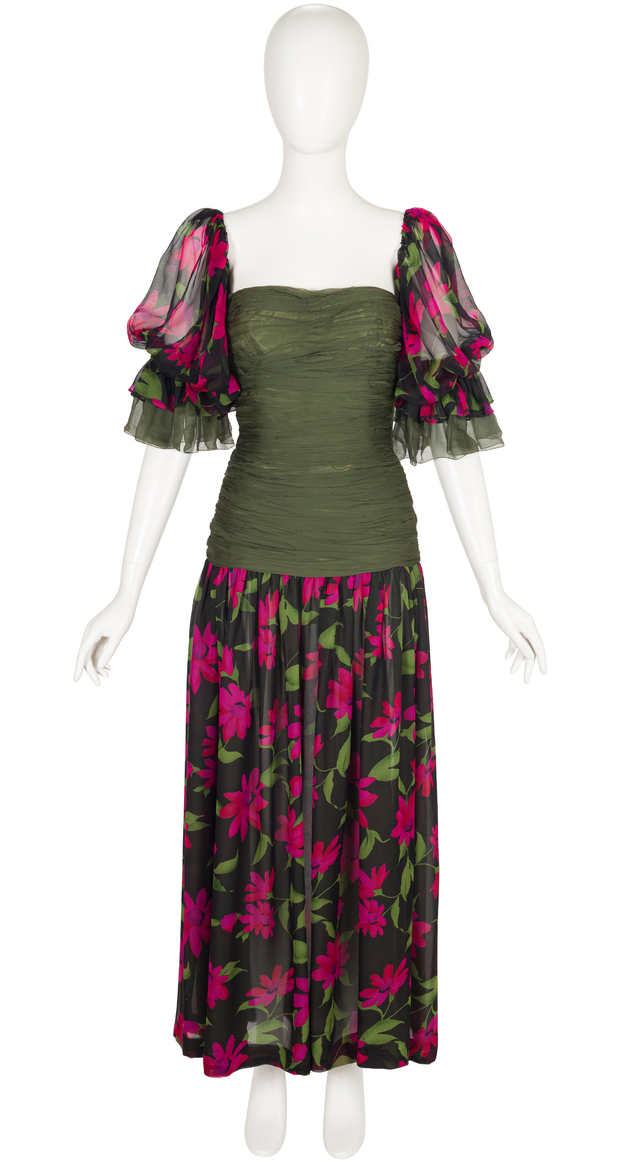 1980s Floral Silk Chiffon Detachable Sleeve Evening Dress