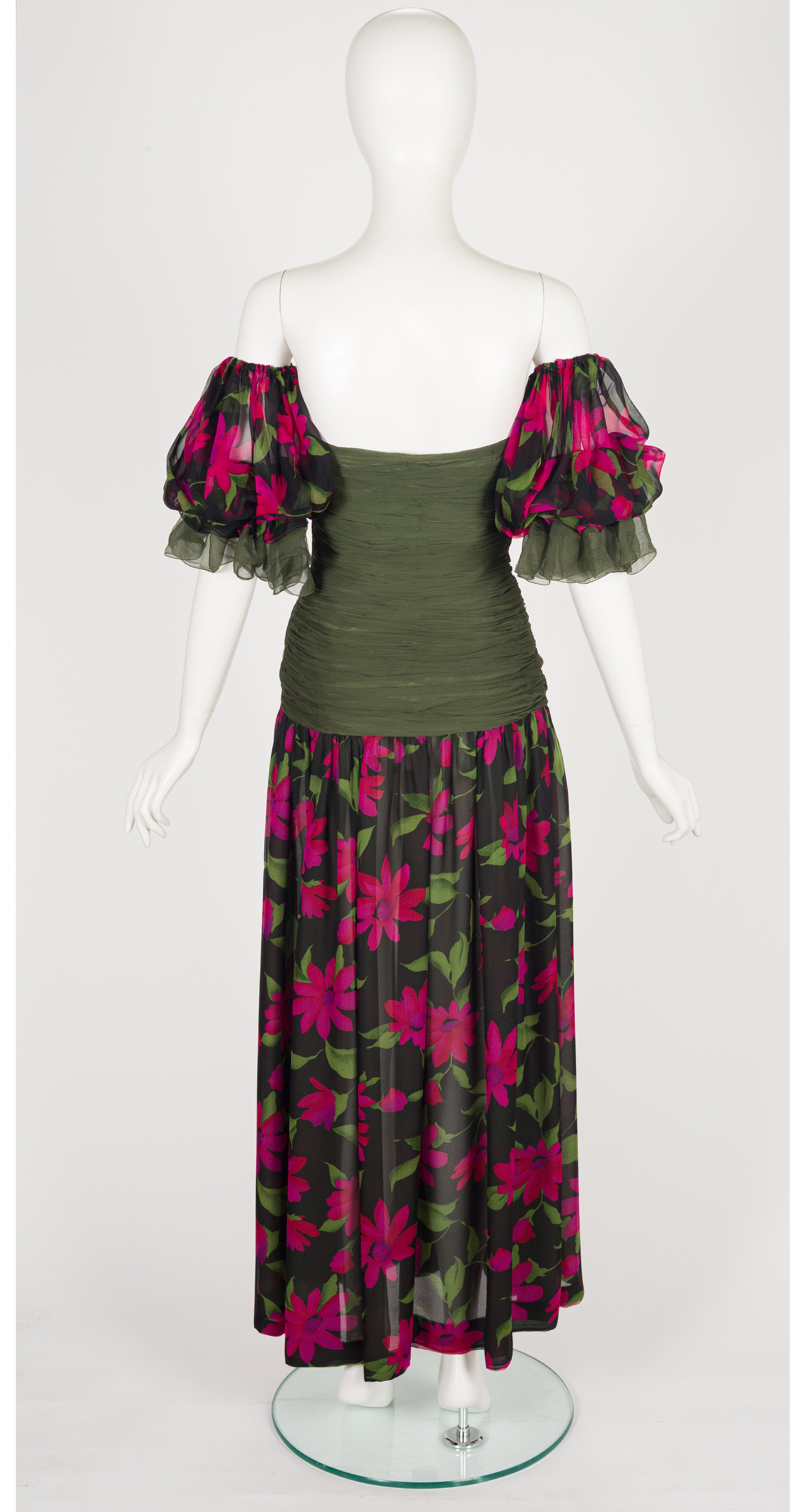 1980s Floral Silk Chiffon Detachable Sleeve Evening Dress