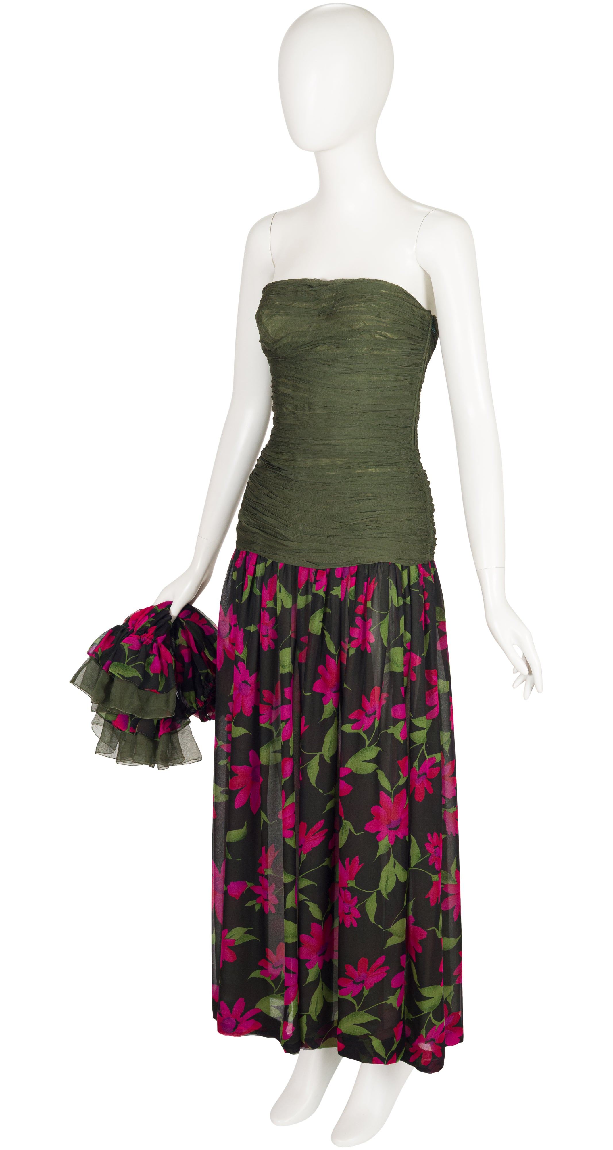 1980s Floral Silk Chiffon Detachable Sleeve Evening Dress