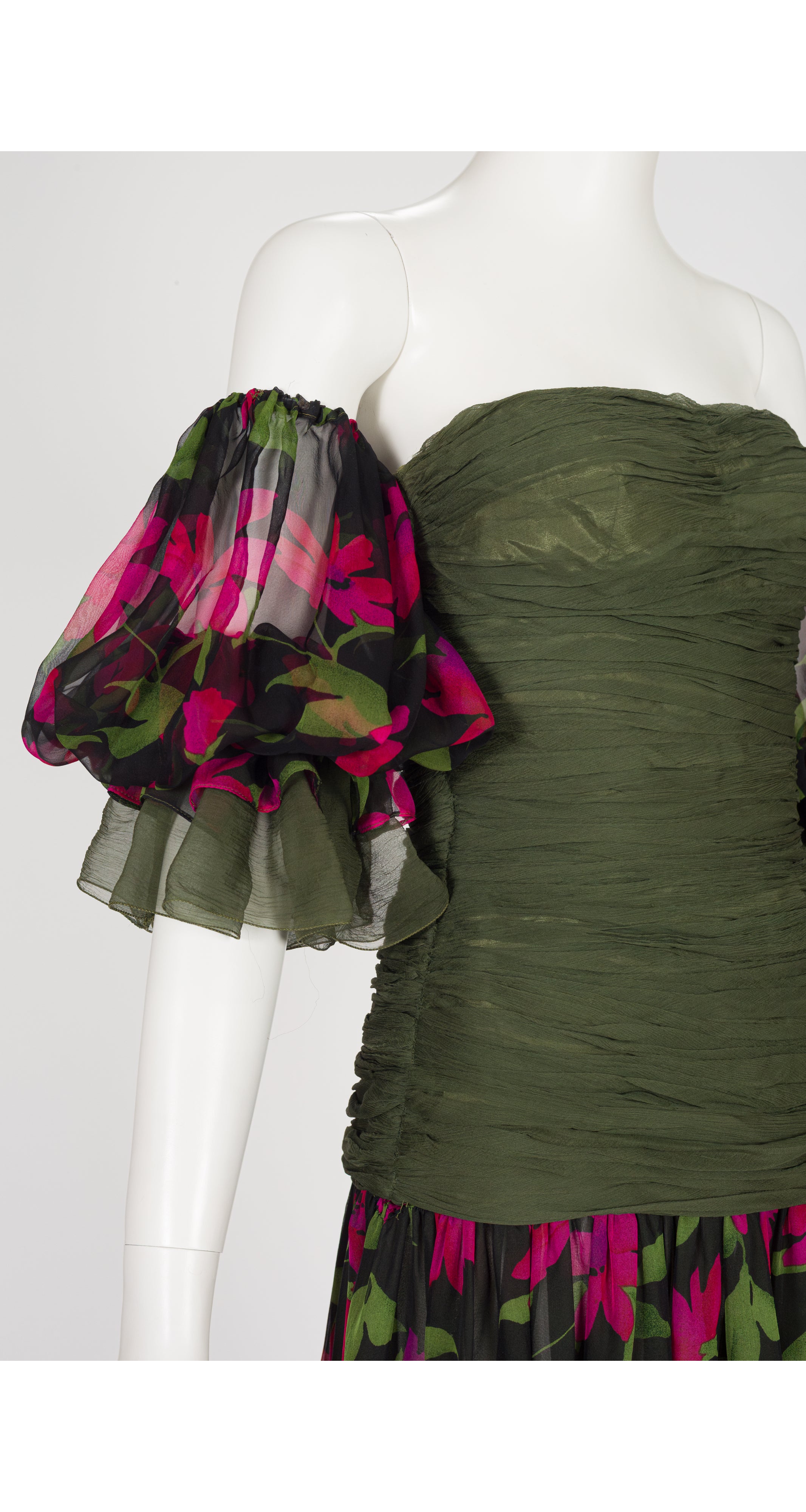 1980s Floral Silk Chiffon Detachable Sleeve Evening Dress