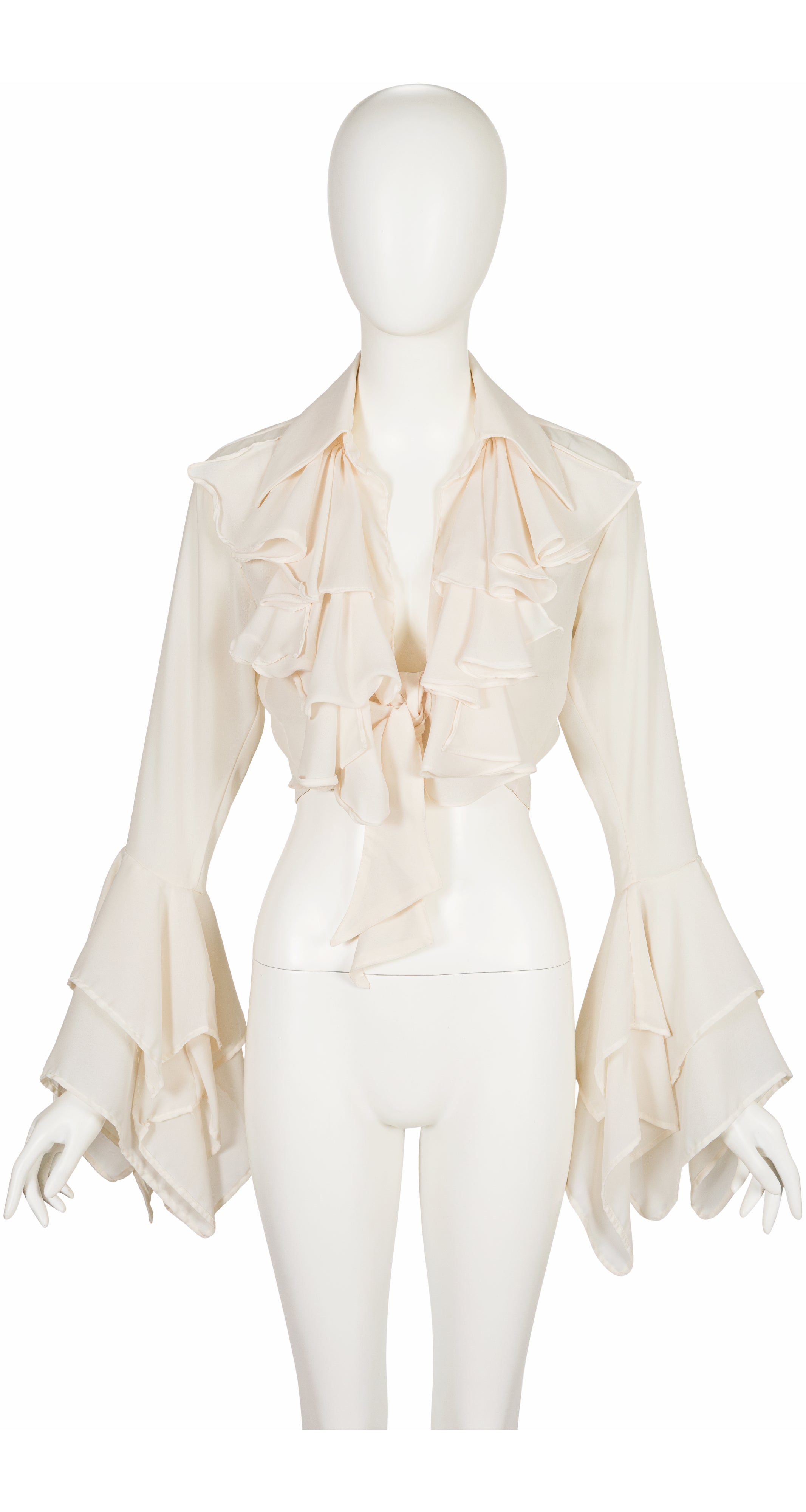 1990s Cream Ruffle Trumpet Sleeve Crop Top