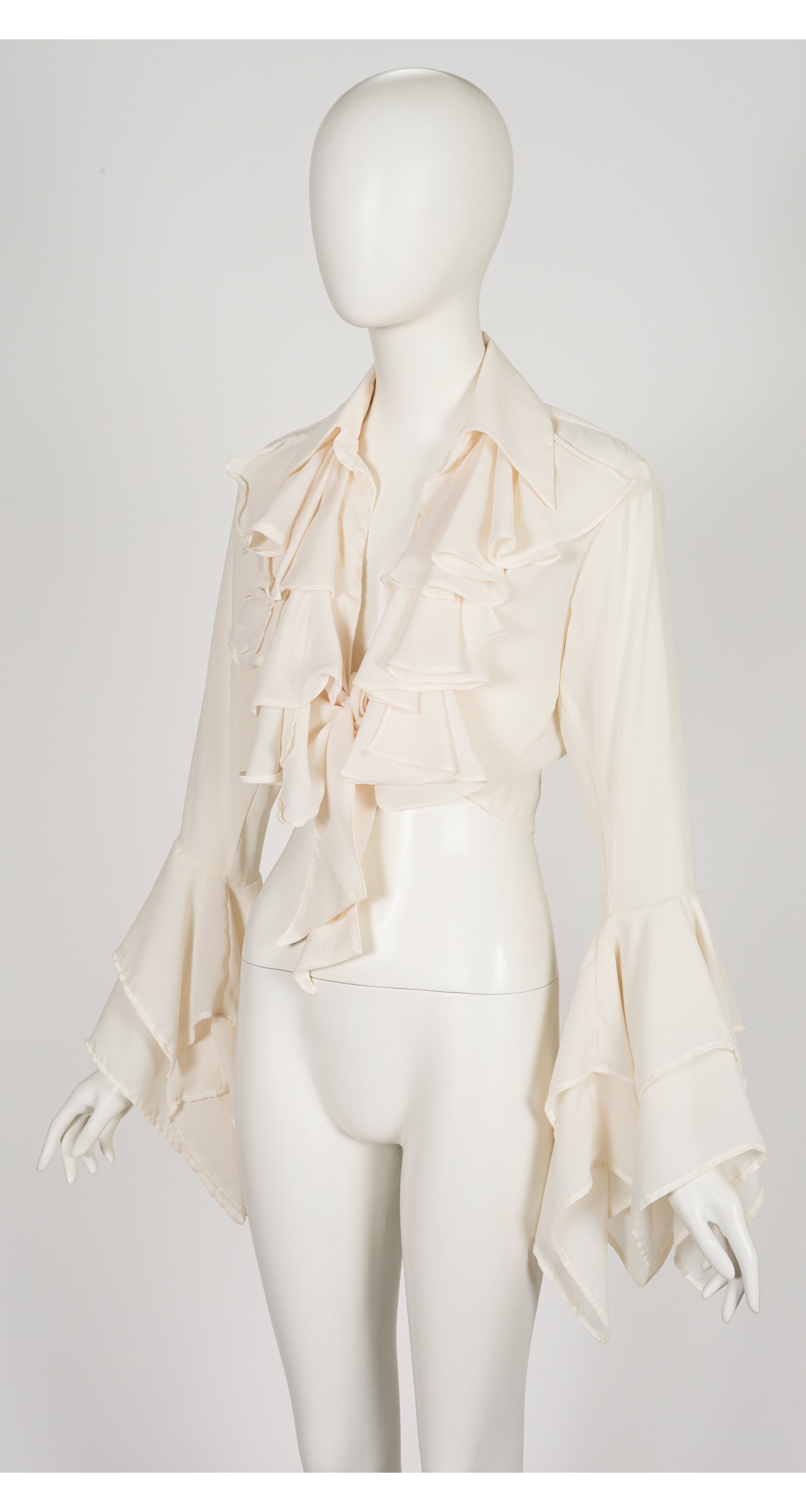 1990s Cream Ruffle Trumpet Sleeve Crop Top