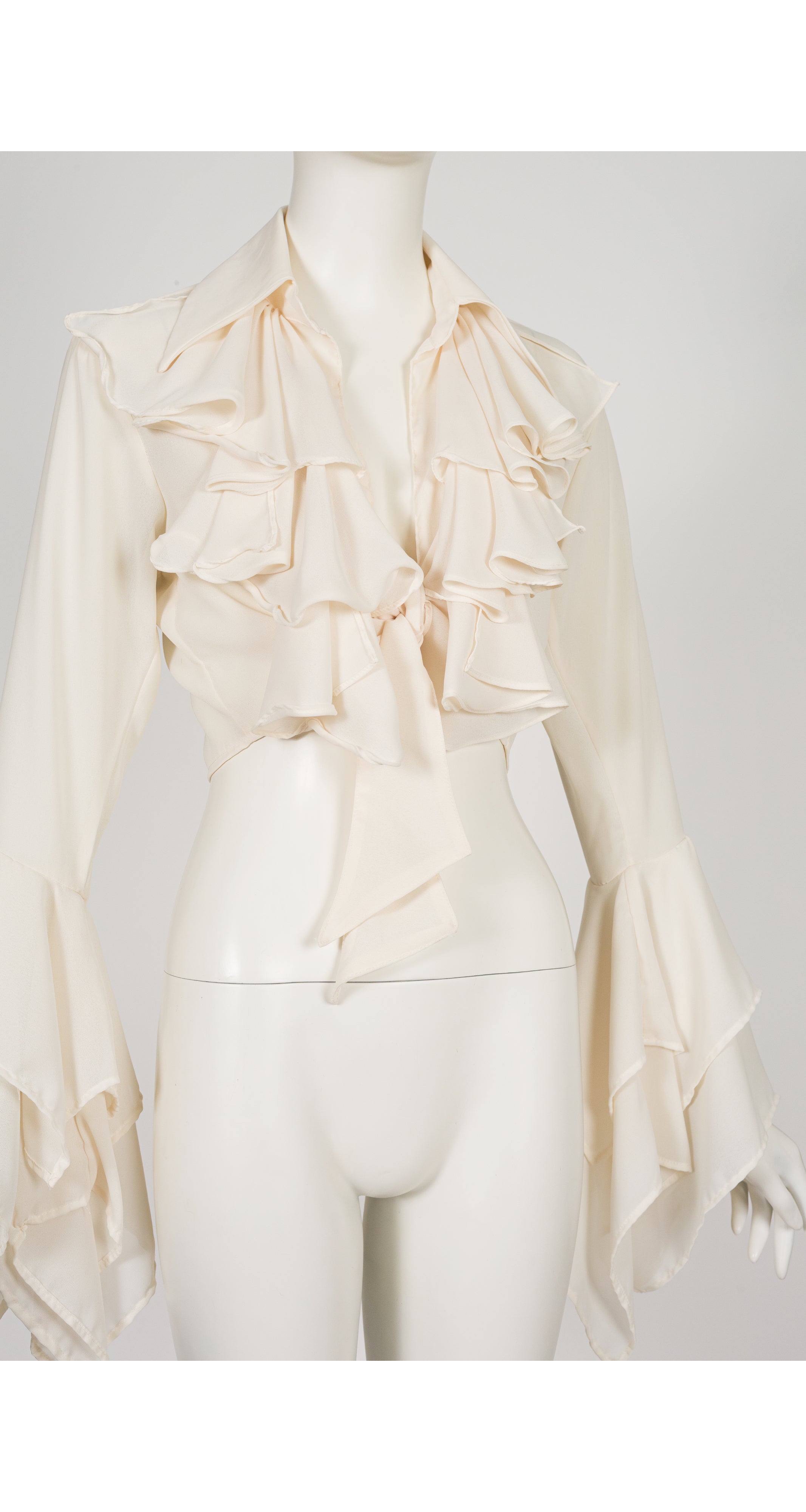 1990s Cream Ruffle Trumpet Sleeve Crop Top