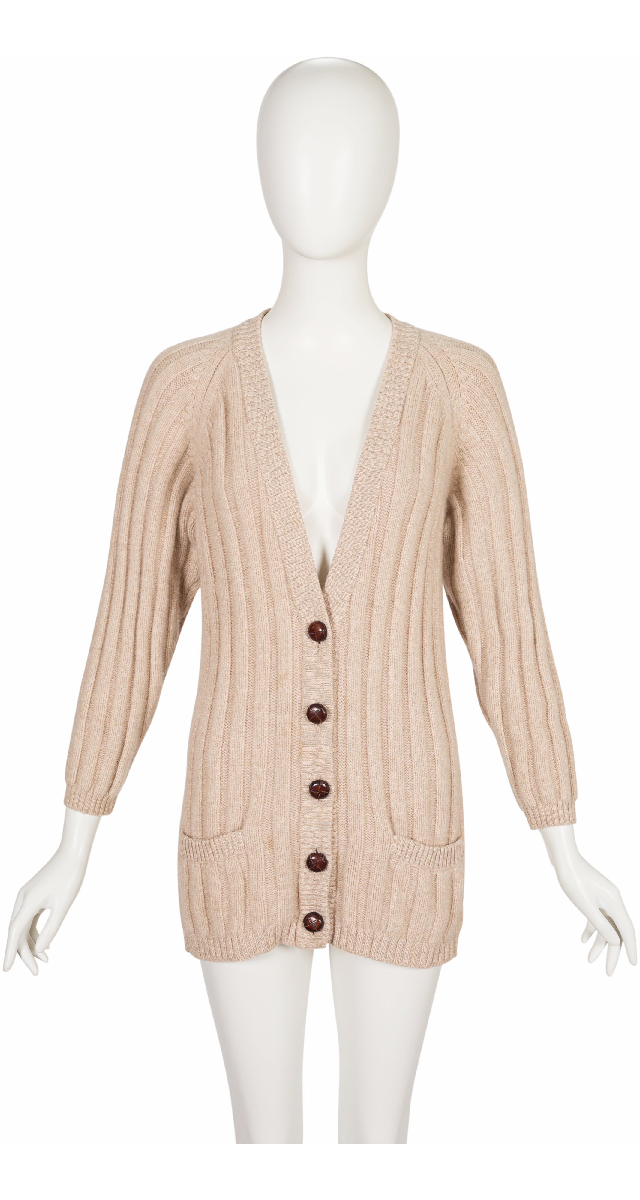 1990s Beige Ribbed Cashmere Cardigan Sweater