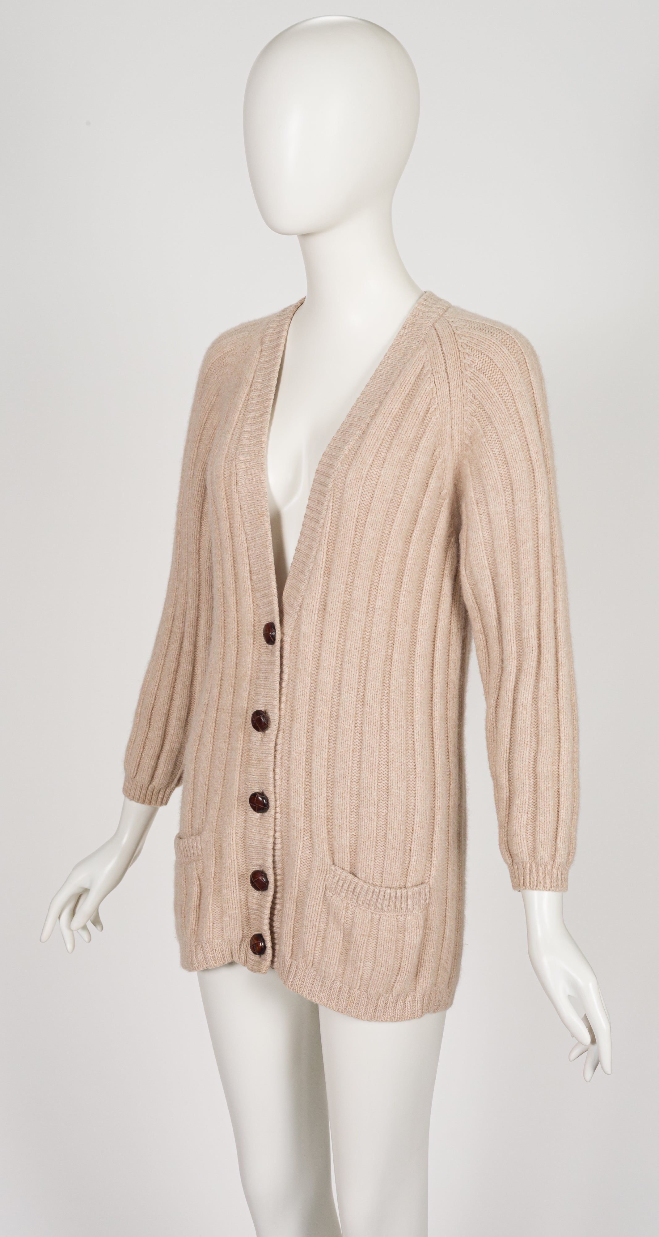 1990s Beige Ribbed Cashmere Cardigan Sweater