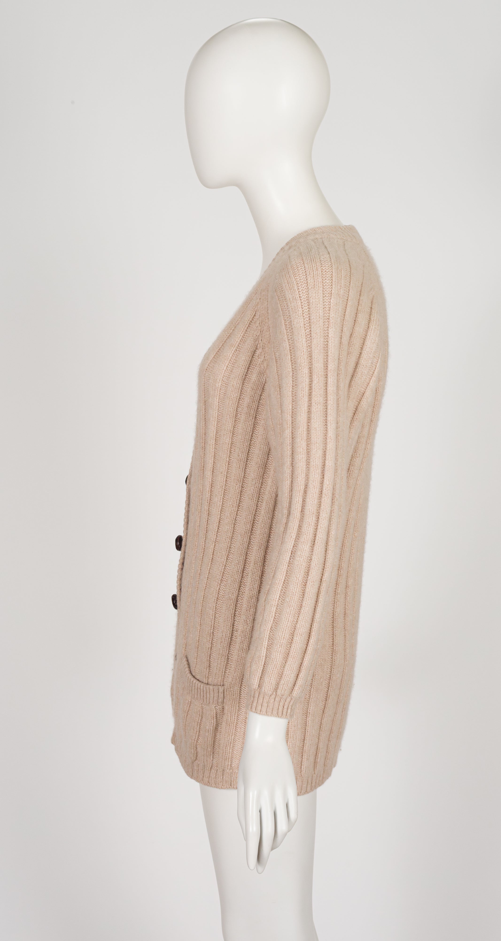 1990s Beige Ribbed Cashmere Cardigan Sweater