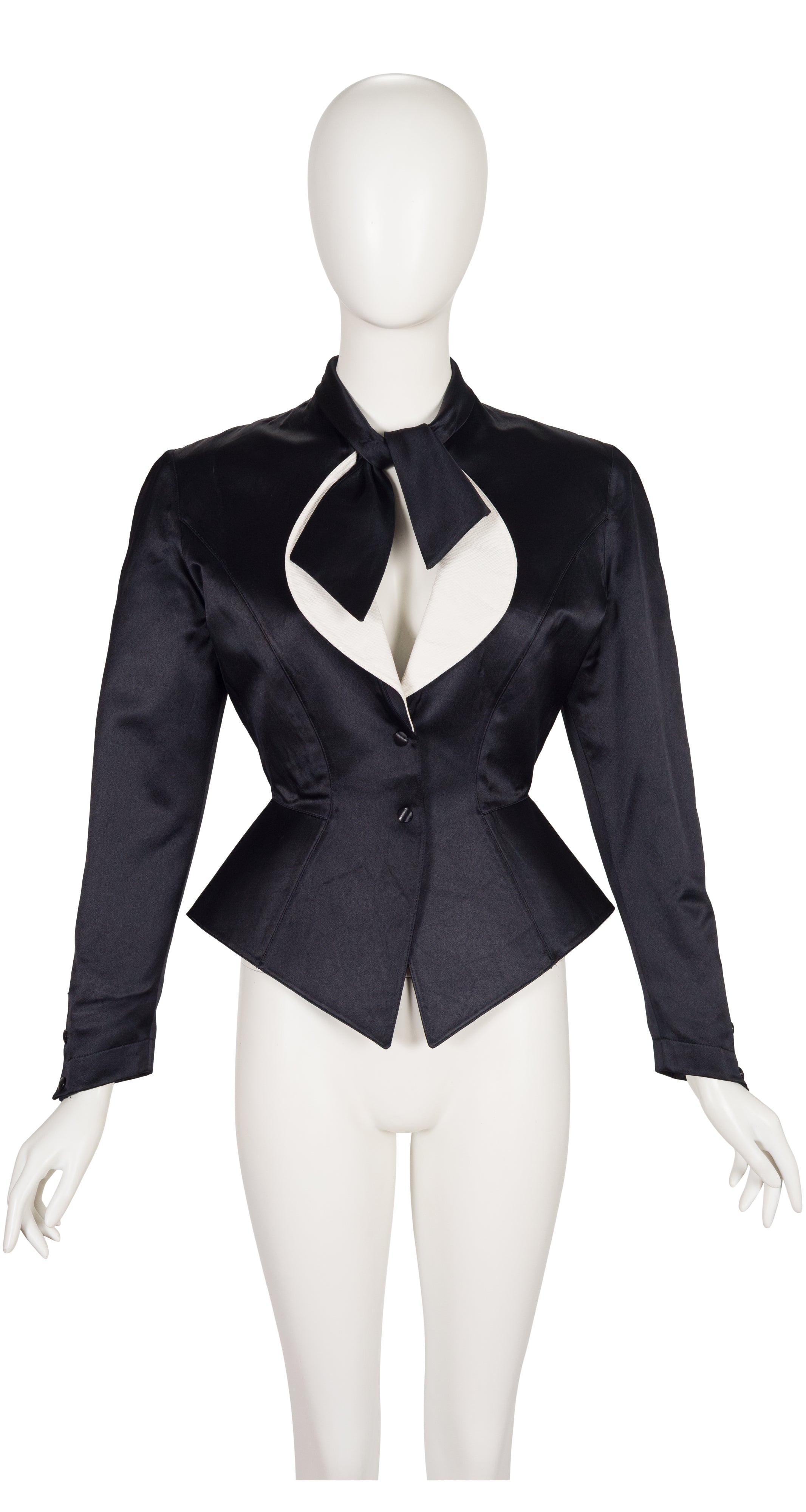 1990s Black Silk Satin Tie-Neck Tuxedo Jacket