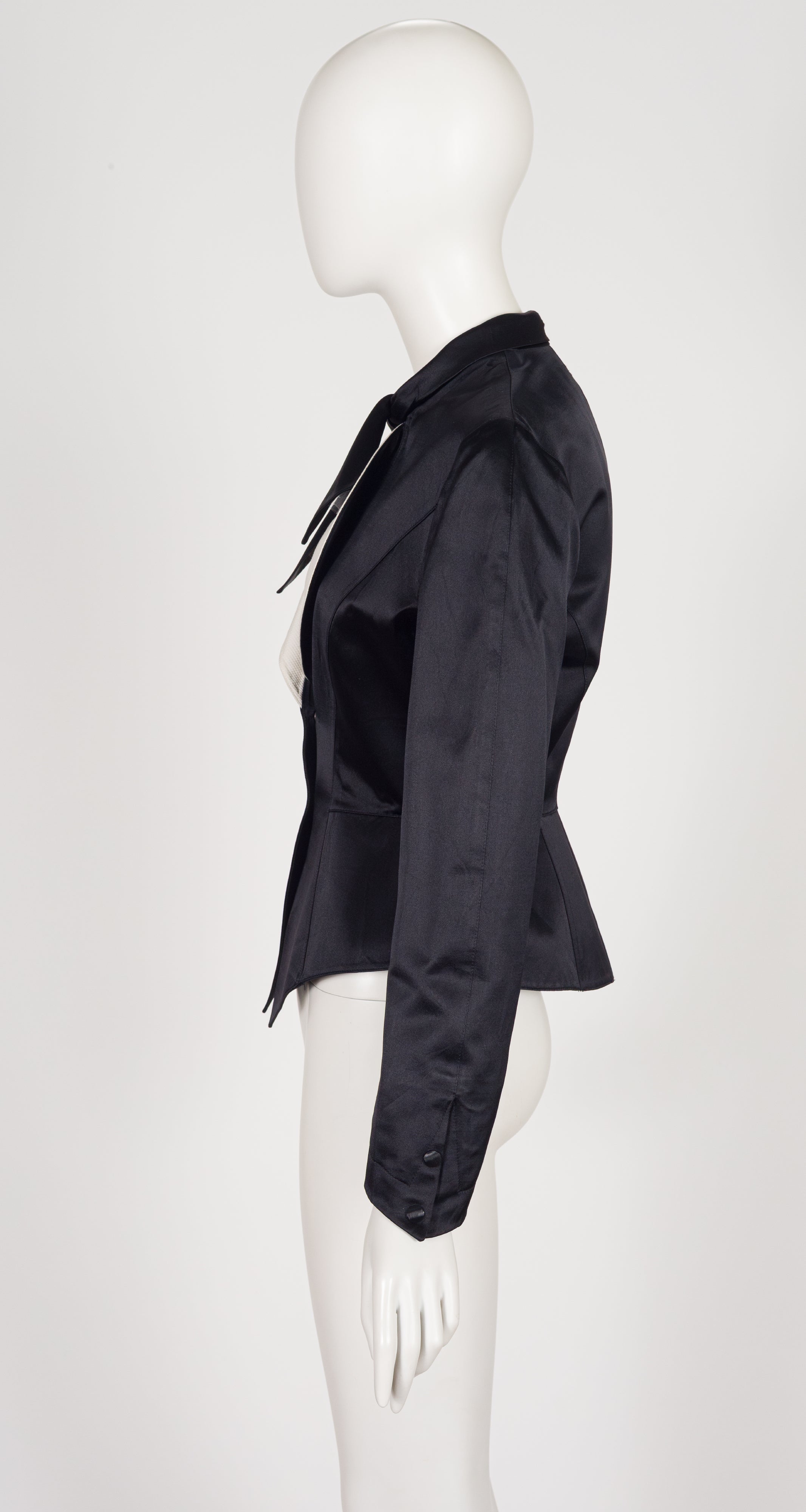 1990s Black Silk Satin Tie-Neck Tuxedo Jacket