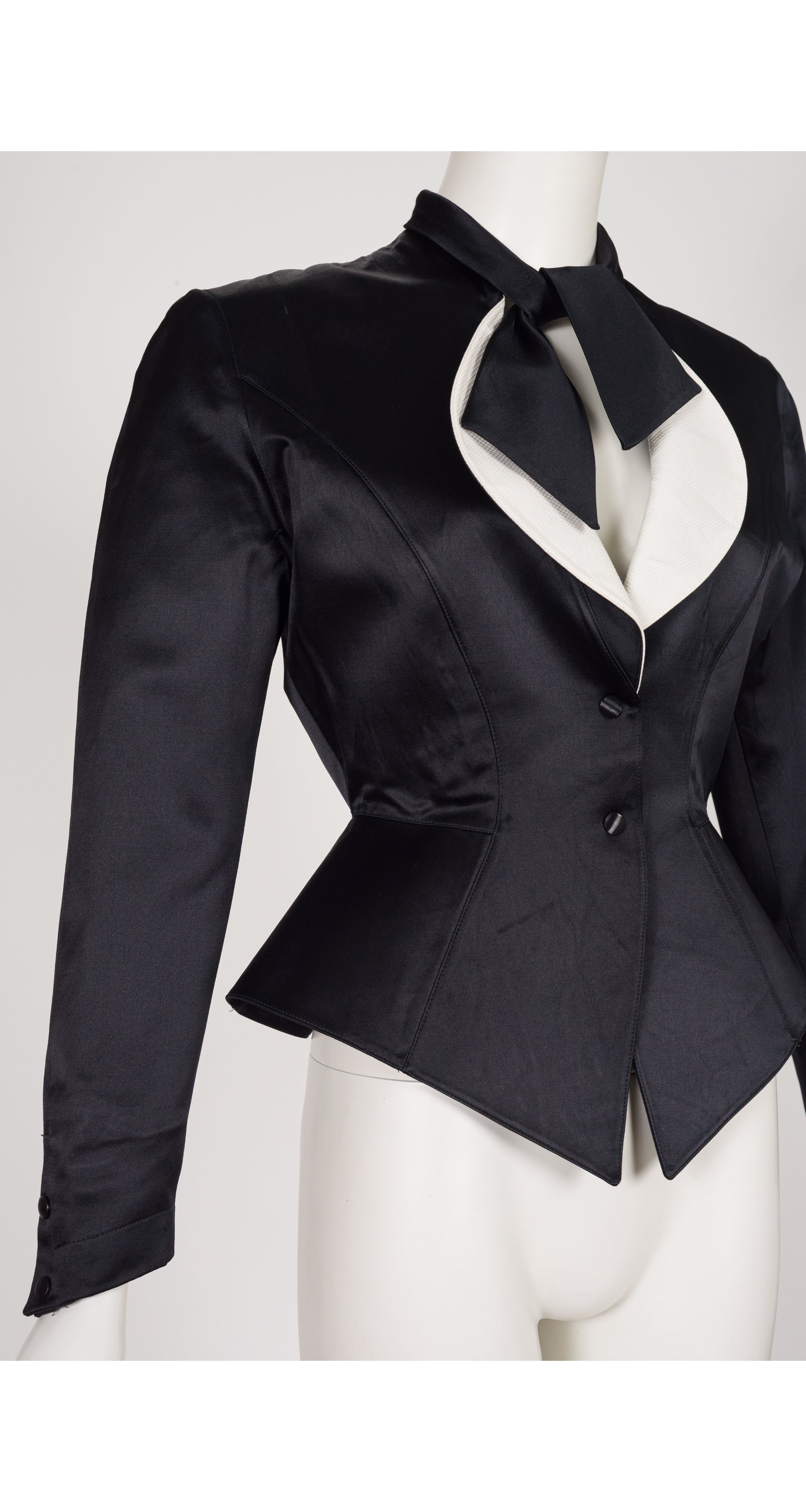 1990s Black Silk Satin Tie-Neck Tuxedo Jacket