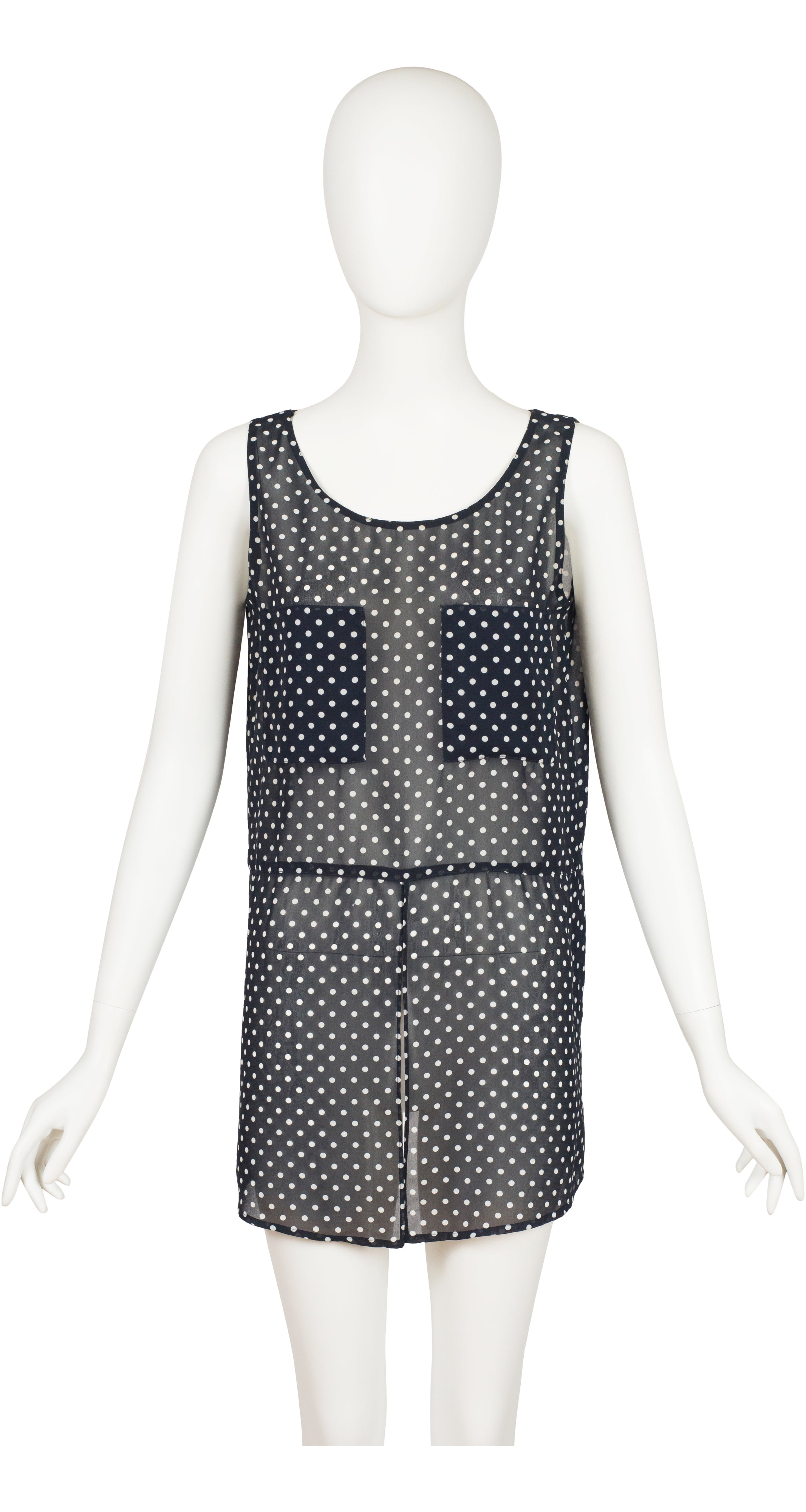 1990s Polka-Dot Navy Chiffon Sleeveless Tunic Top