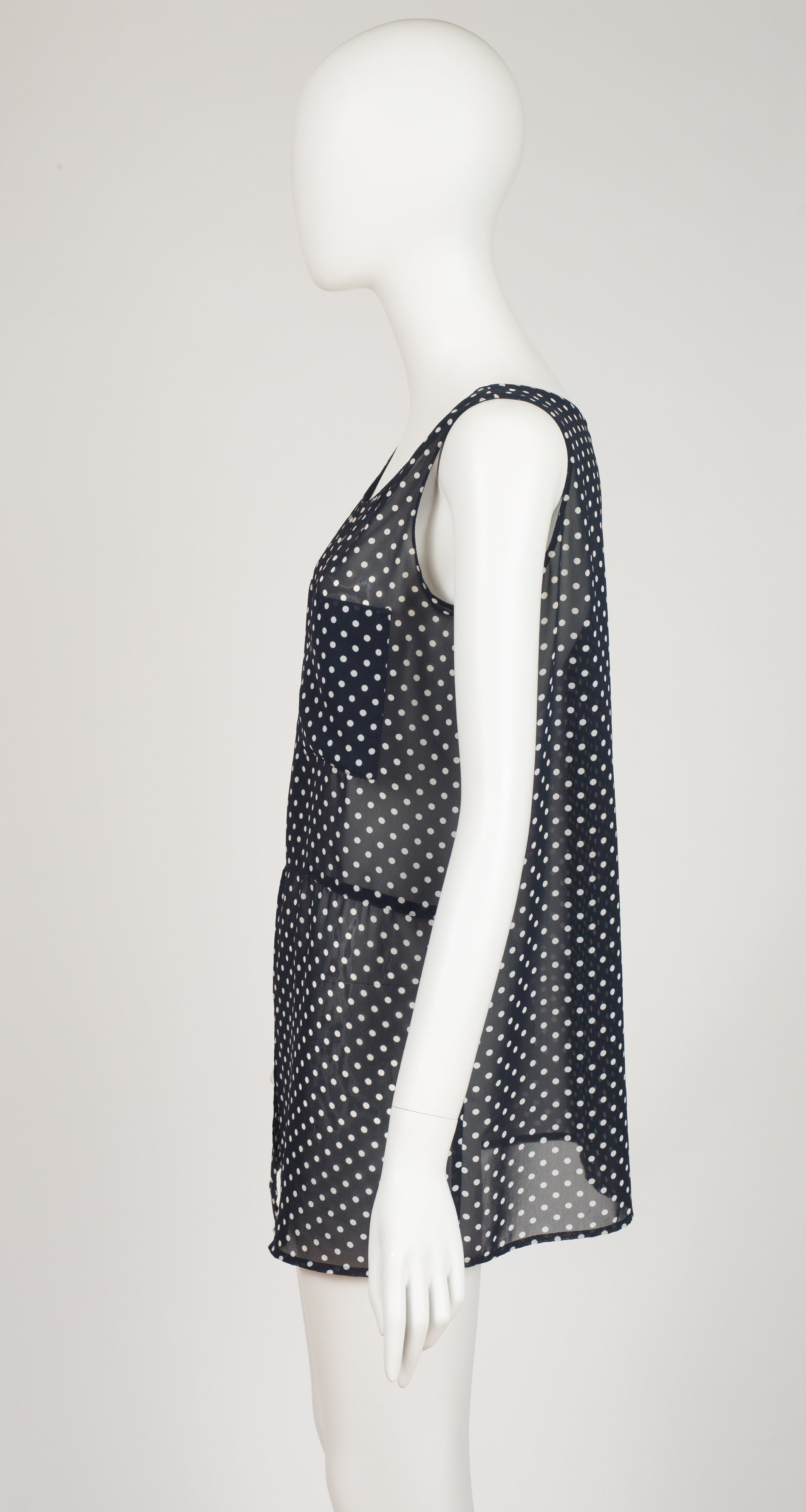 1990s Polka-Dot Navy Chiffon Sleeveless Tunic Top