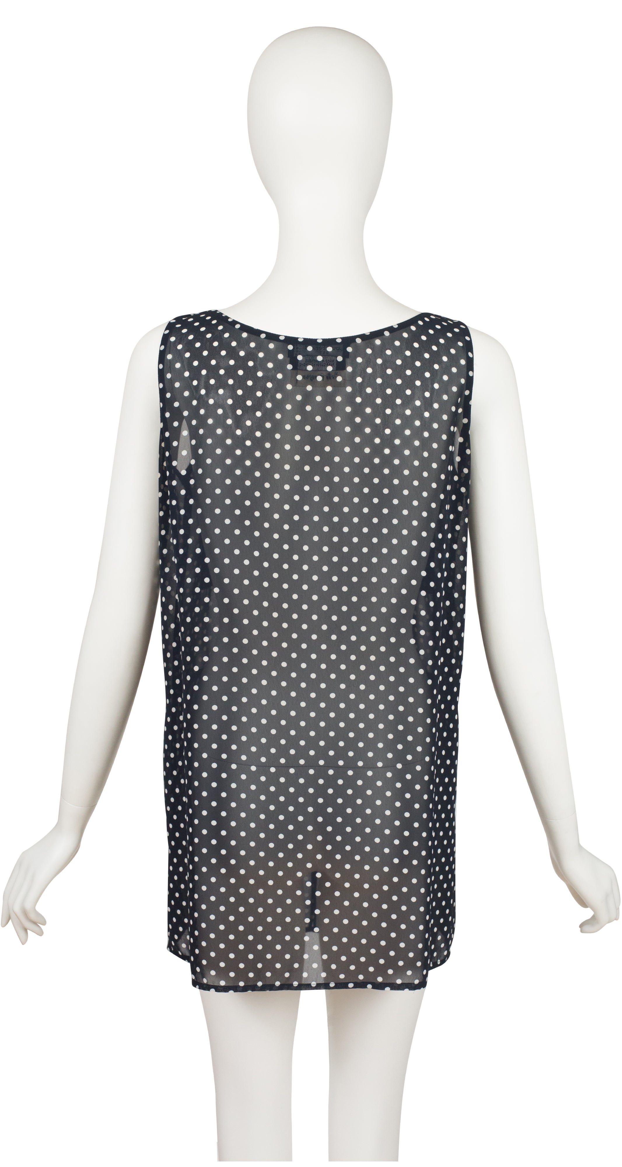 1990s Polka-Dot Navy Chiffon Sleeveless Tunic Top