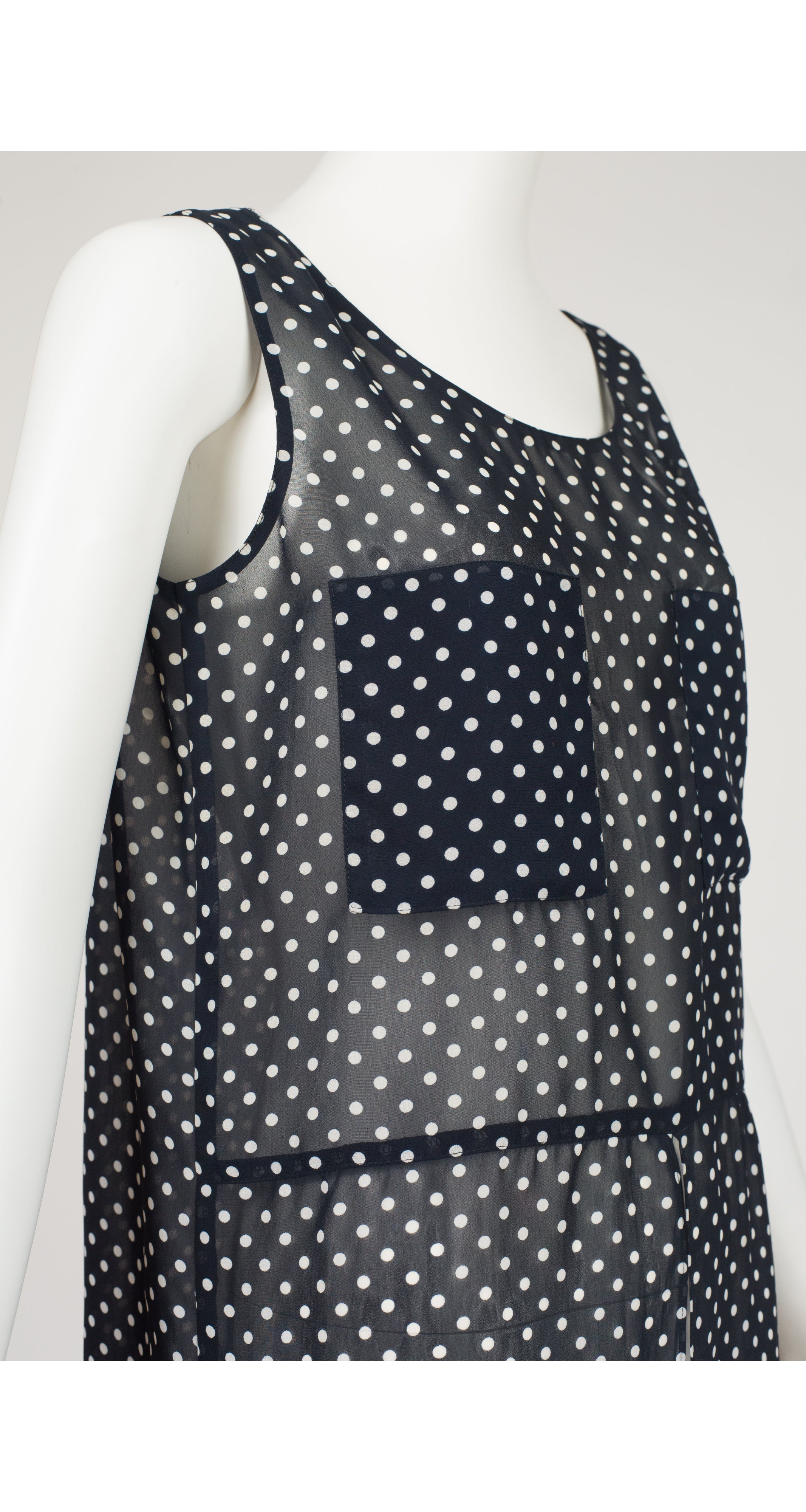 1990s Polka-Dot Navy Chiffon Sleeveless Tunic Top