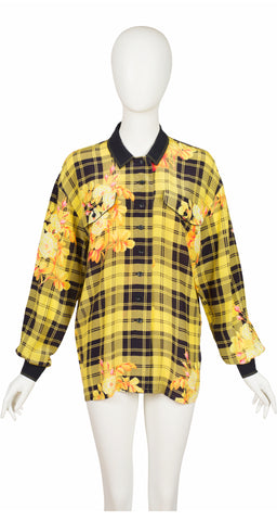 1988 Ad Campaign Floral Yellow Plaid Silk Collared Blouse