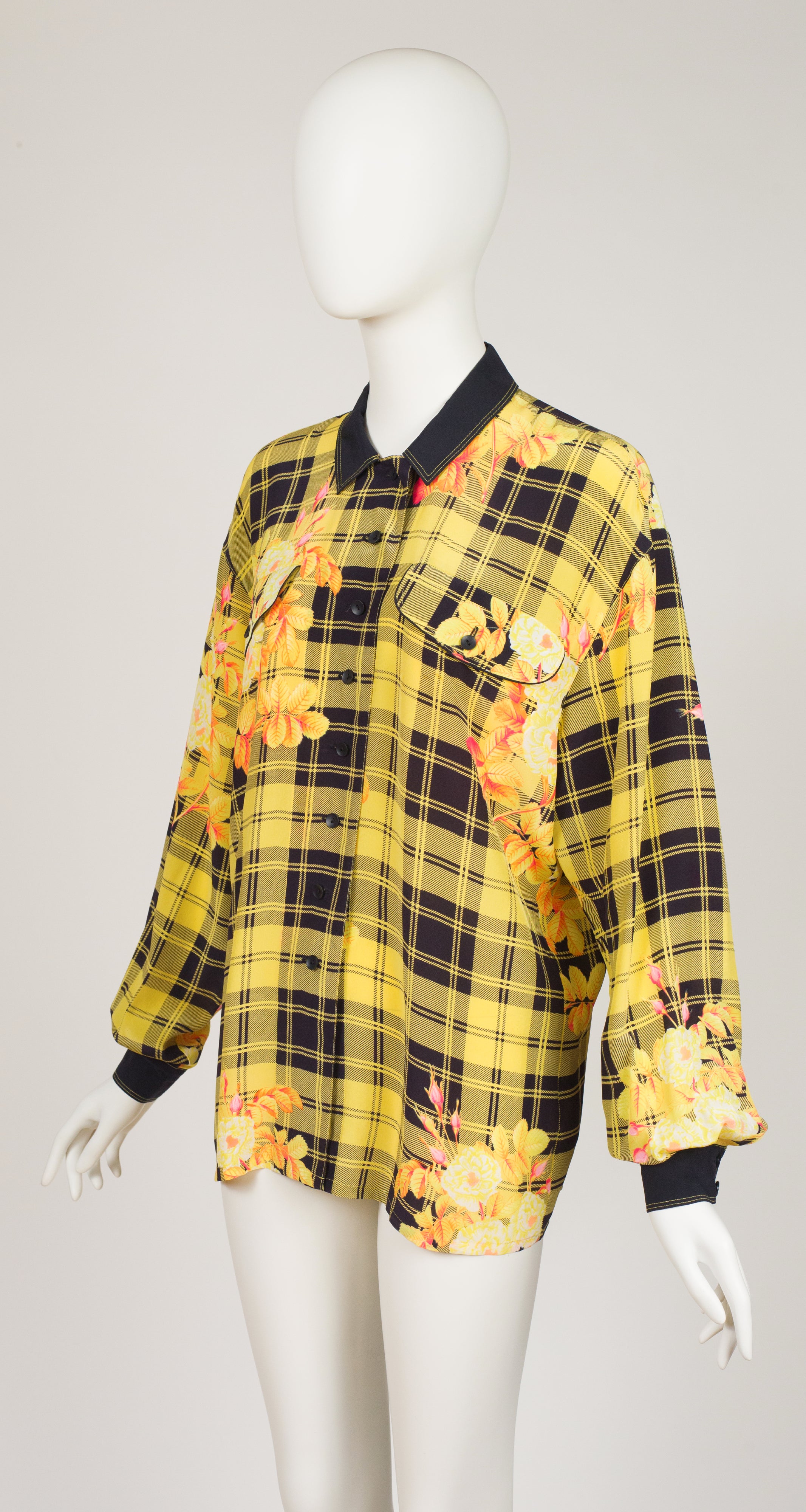1988 Ad Campaign Floral Yellow Plaid Silk Collared Blouse