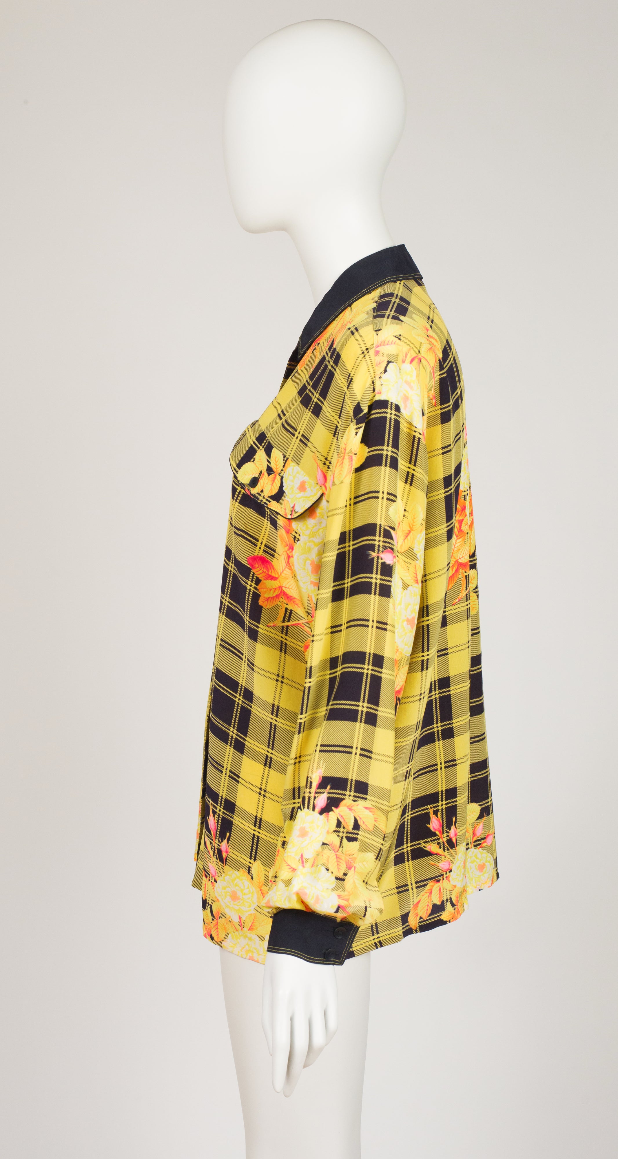 1988 Ad Campaign Floral Yellow Plaid Silk Collared Blouse