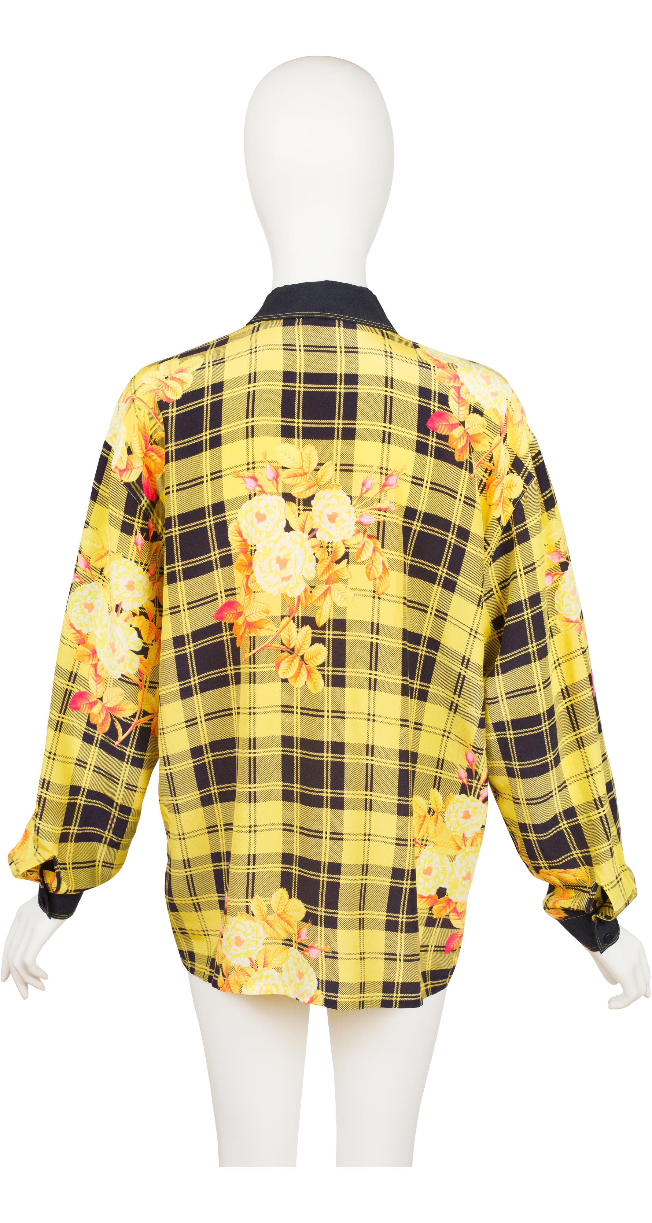 1988 Ad Campaign Floral Yellow Plaid Silk Collared Blouse