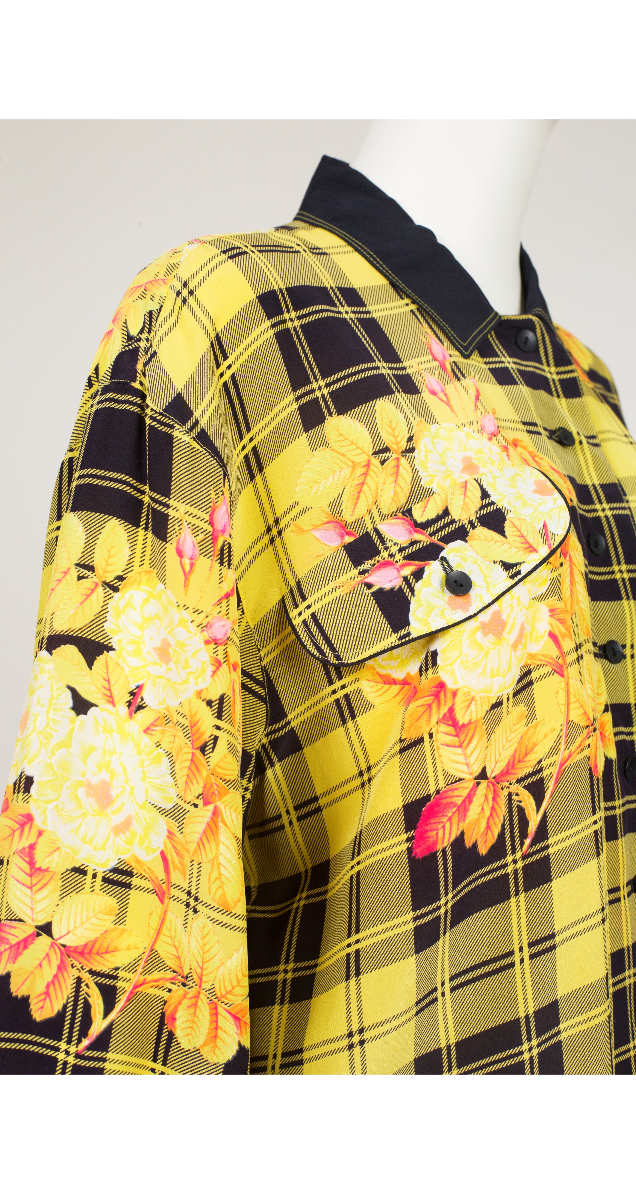 1988 Ad Campaign Floral Yellow Plaid Silk Collared Blouse