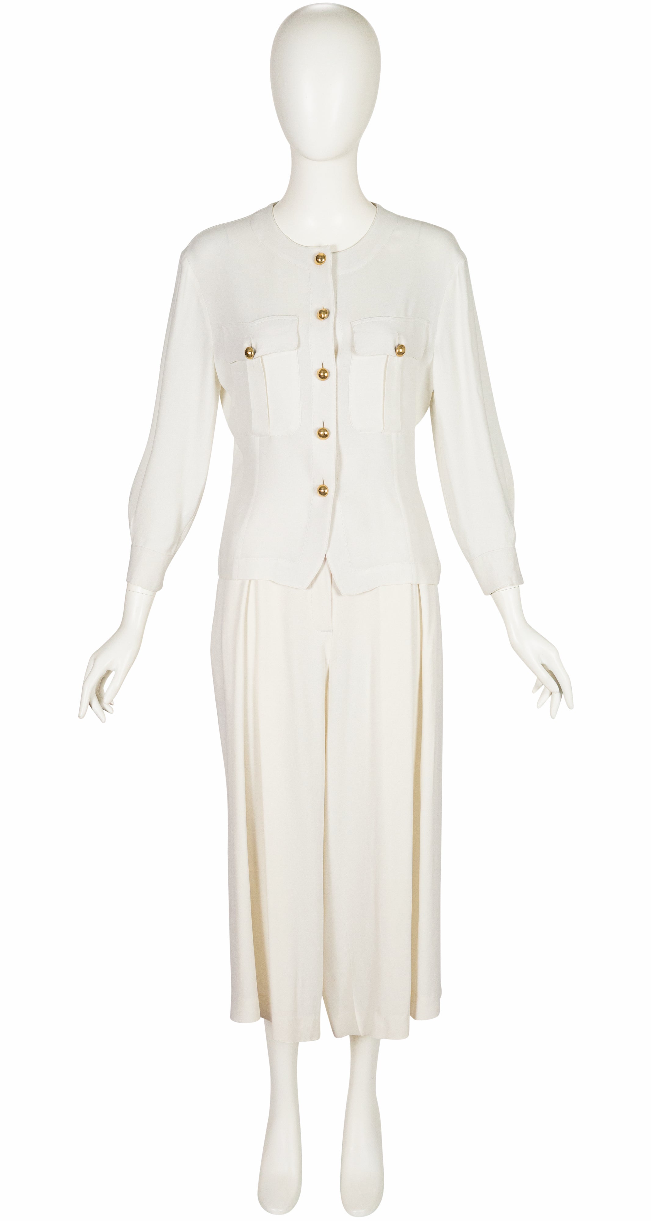 1980s White Rayon Crepe Culotte Pant Suit