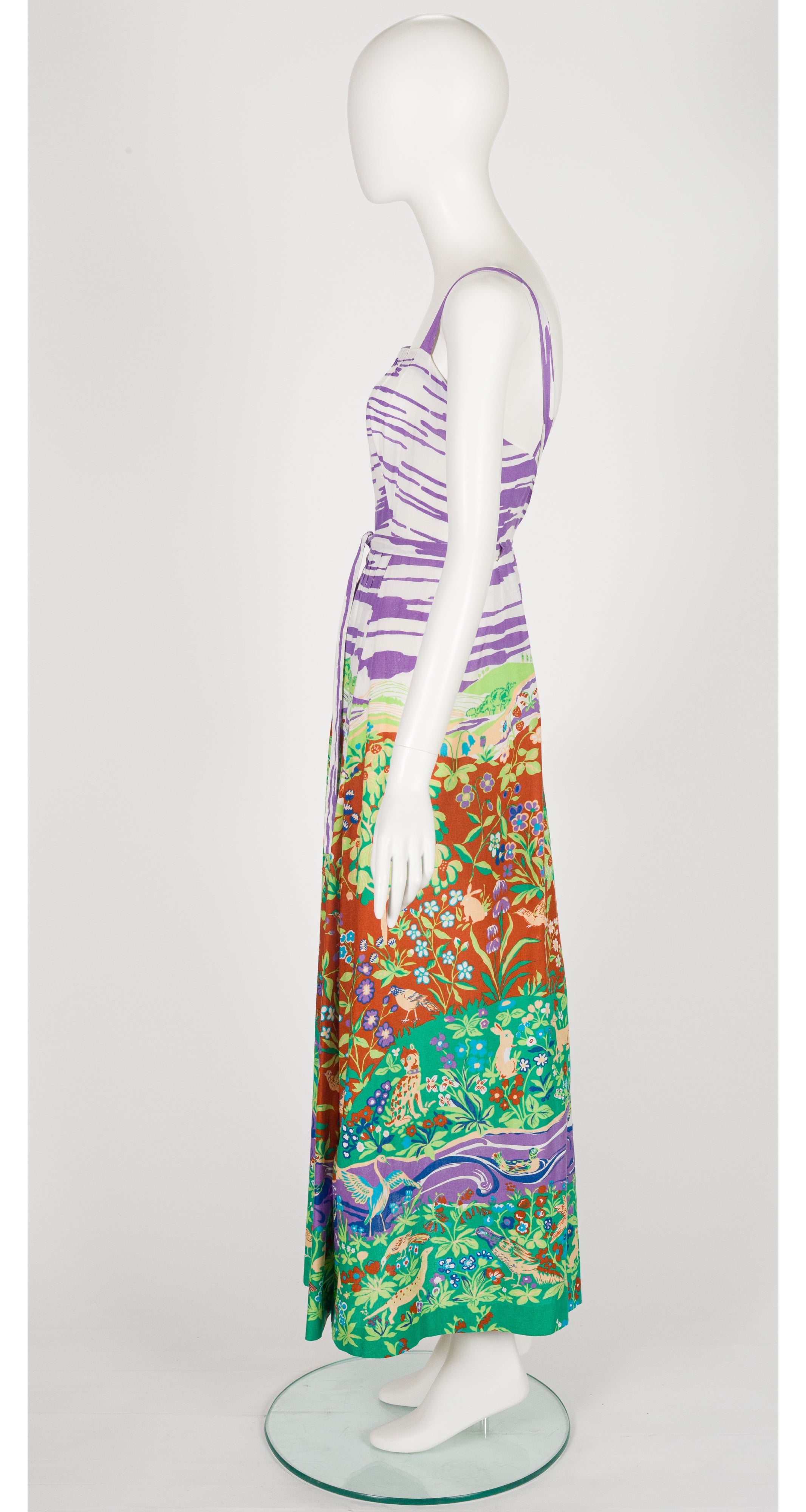 1970s Woodland Creature Print Cotton Maxi Wrap Dress