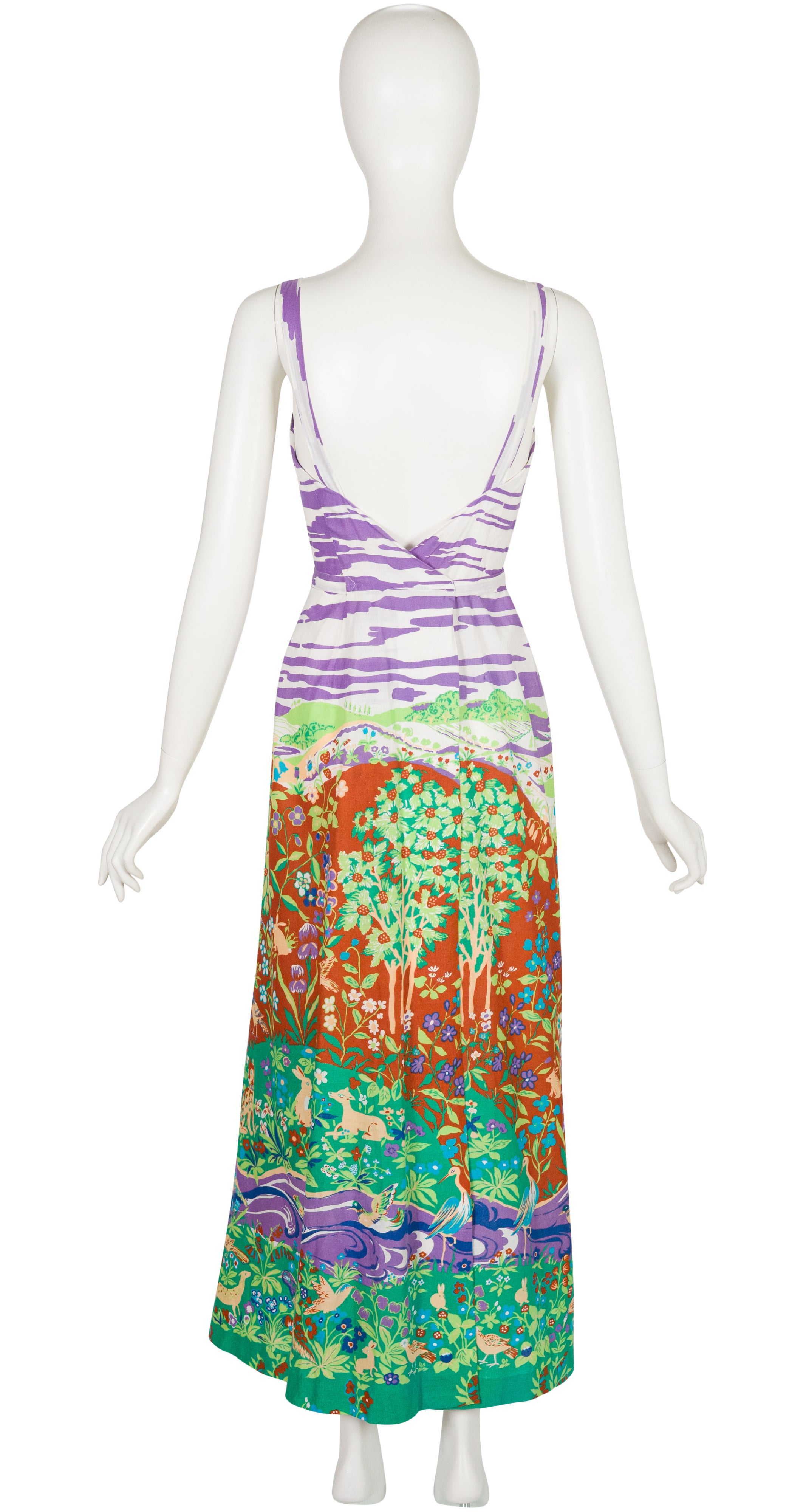 1970s Woodland Creature Print Cotton Maxi Wrap Dress