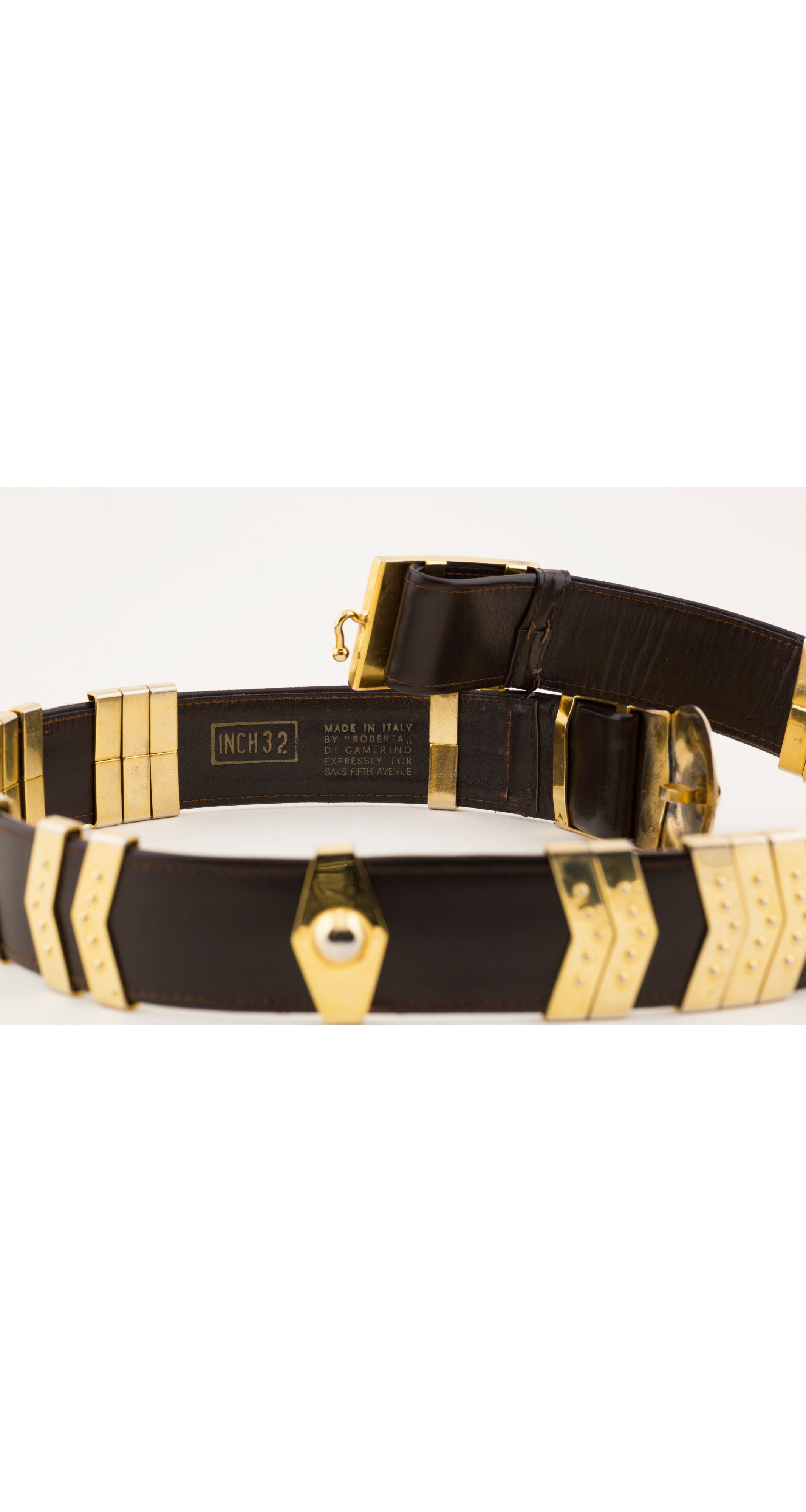 Detail of a vintage Roberta di Camerino 1970s brown belt with gold hardware