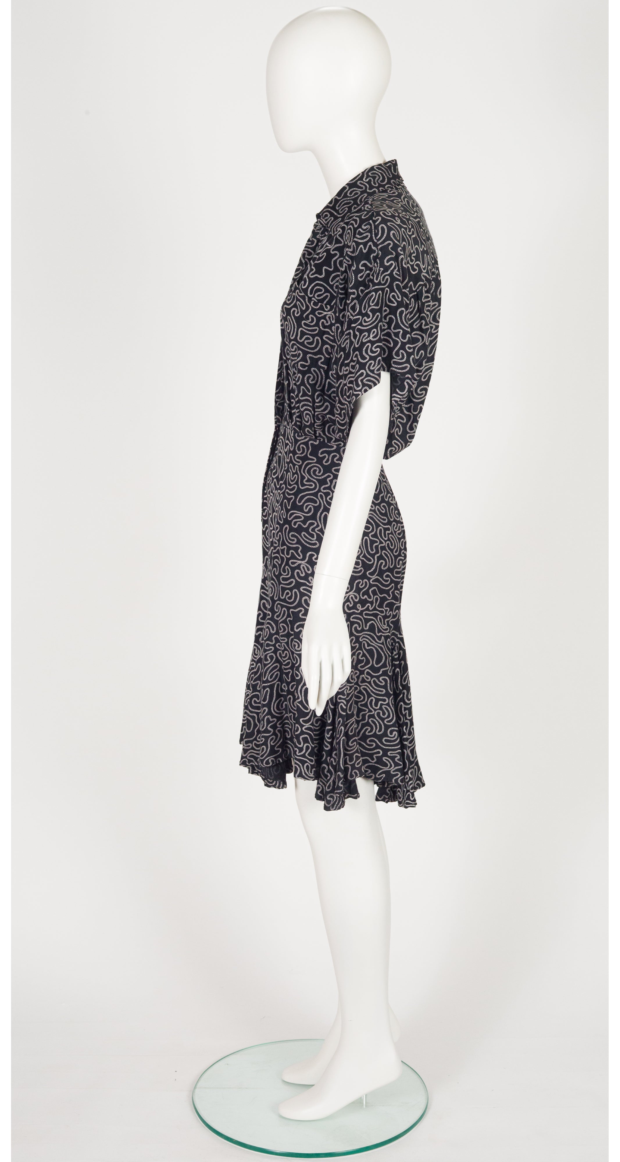 1984 S/S Lasso Print Black Rayon Blouson Shirt Dress