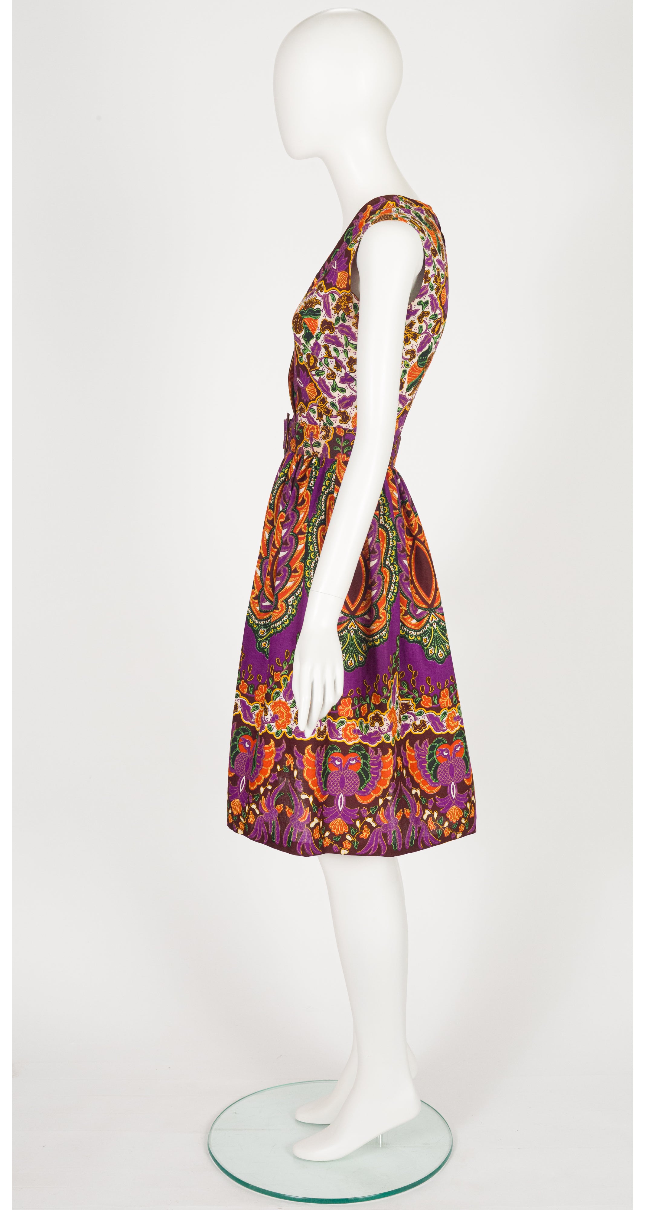 1960s Bird Batik Print Cotton Sleeveless Day Dress