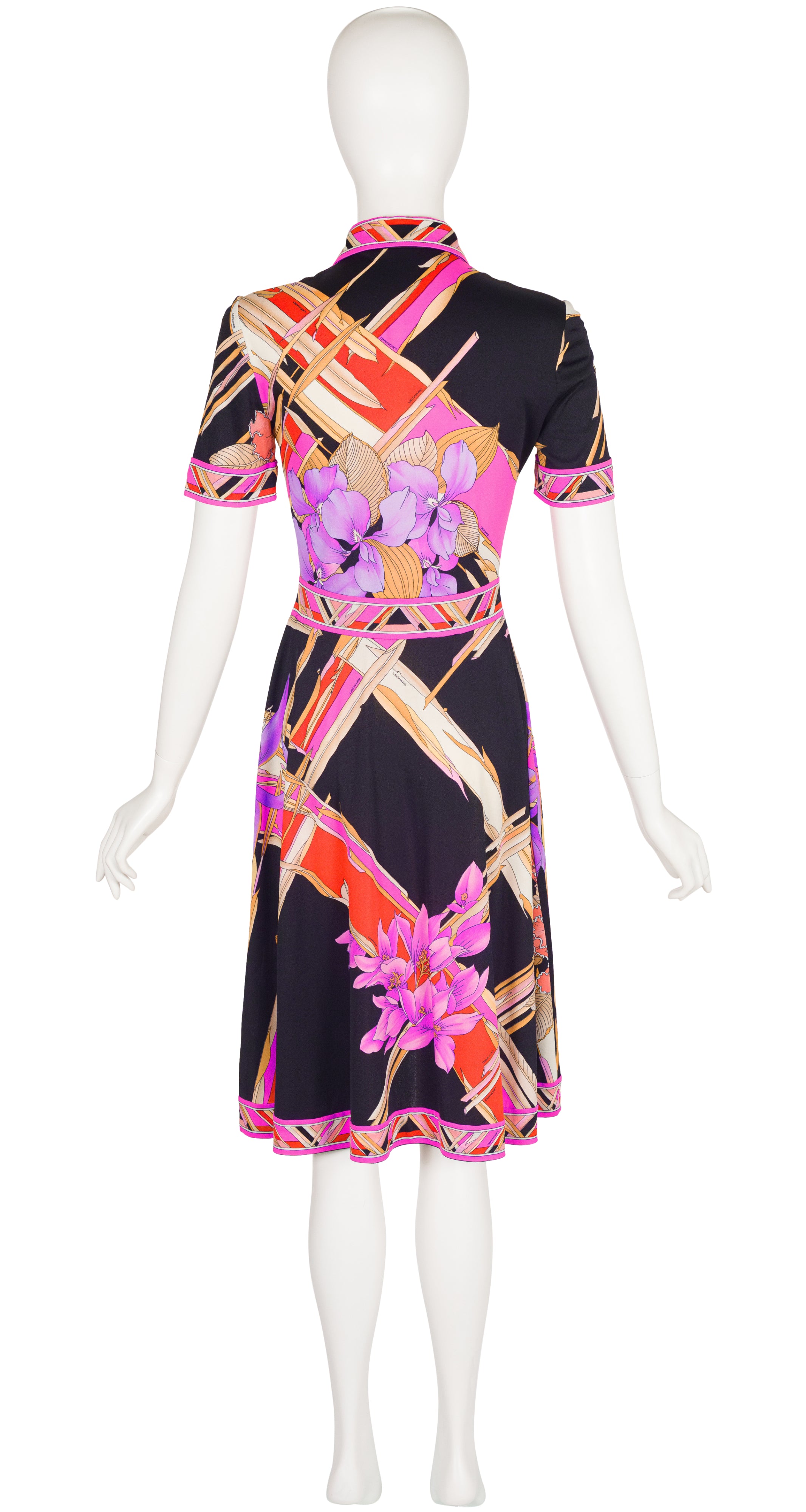 1970s Orchid Print Jersey Short-Sleeve Shirt Dress